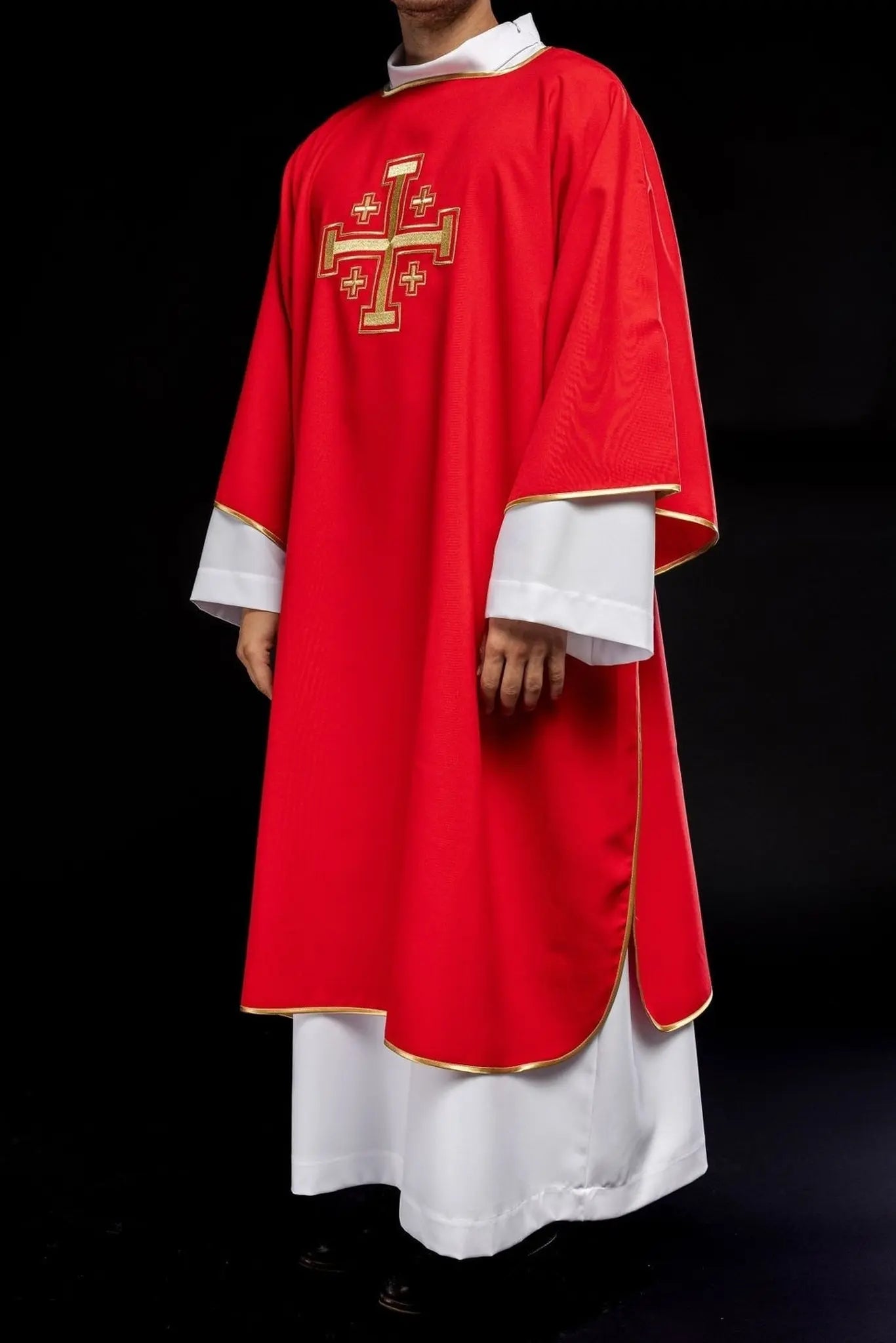 Red Dalmatia with embroidered gold crosses
