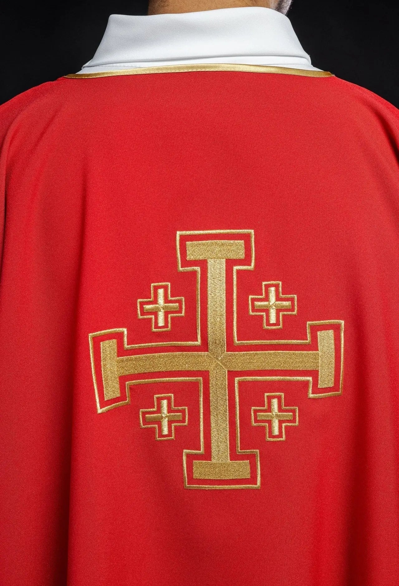 Red Dalmatia with embroidered gold crosses