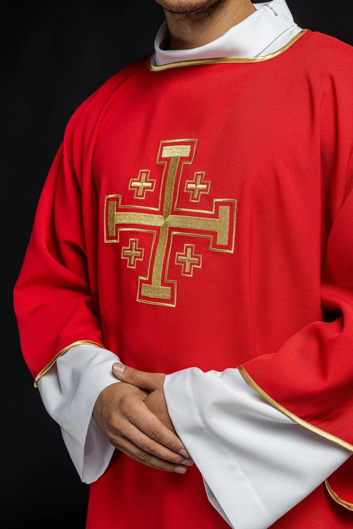 Red Dalmatia with embroidered gold crosses
