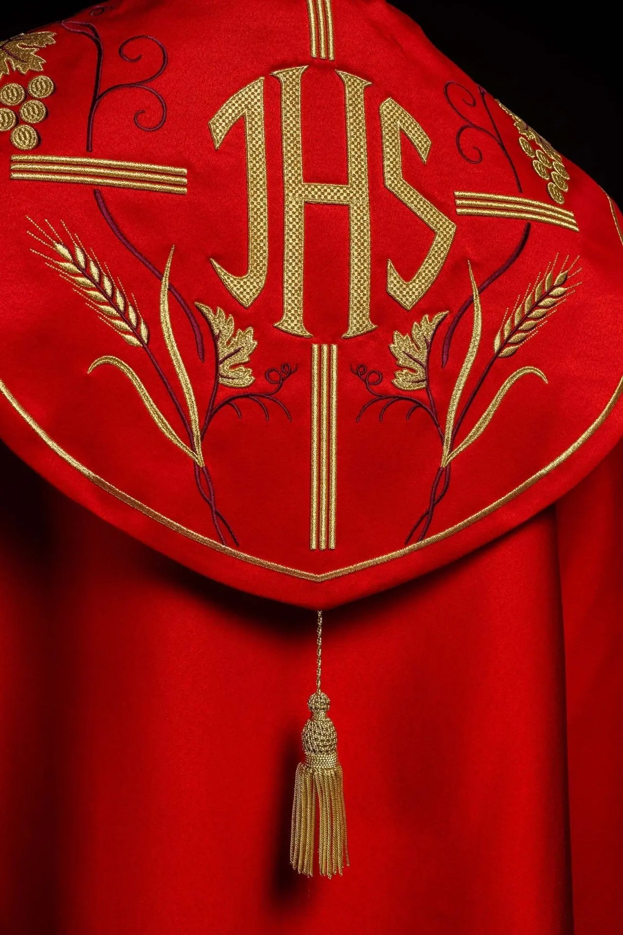 Red liturgical chapel with gold IHS and grape embroidery