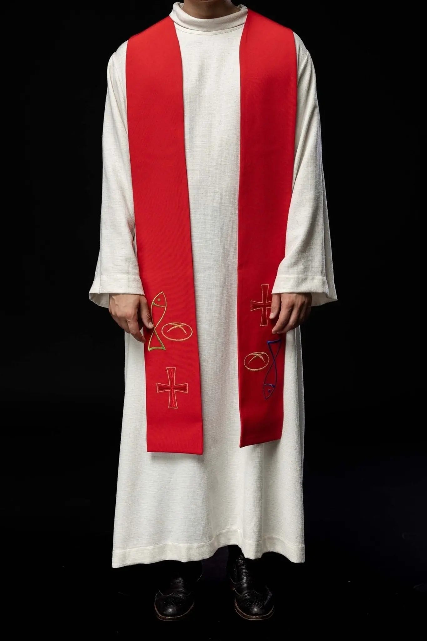Red embroidered priest's stole with Fish Bread Cross motif