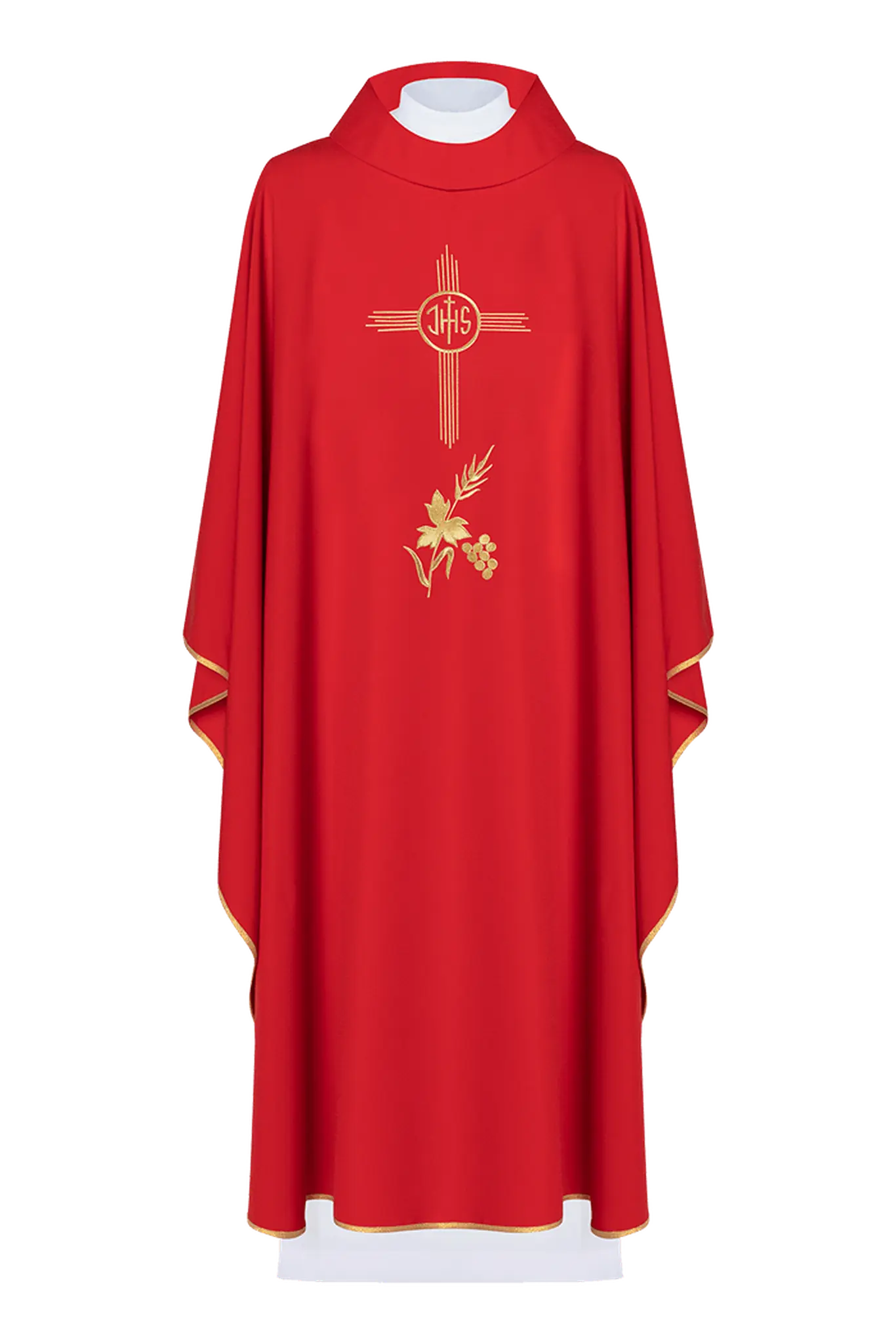 Red chasuble embroidered with IHS motif