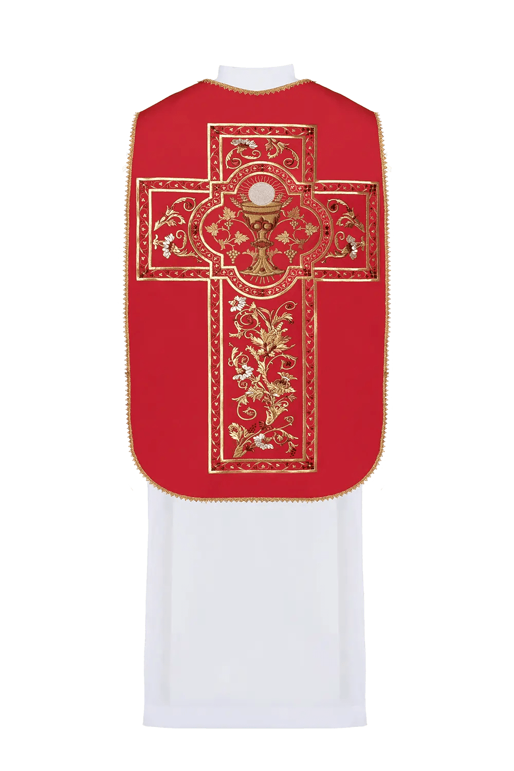 Chasuble romaine rouge brodée avec motif de calice eucharistique