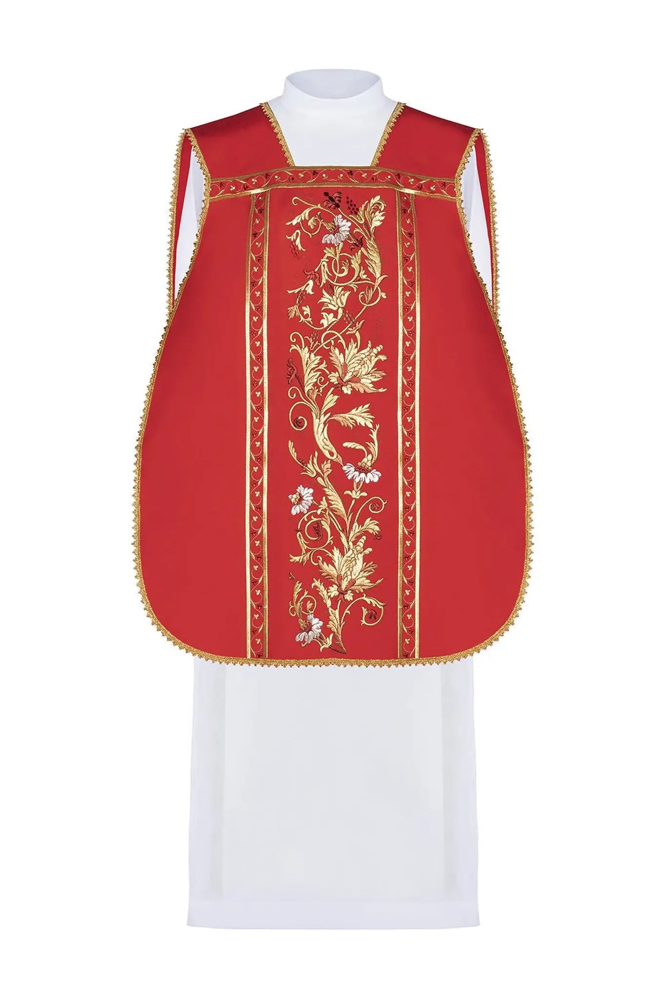 Chasuble romaine rouge brodée avec motif de calice eucharistique