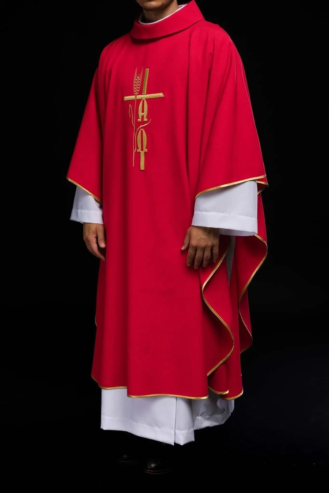 Red chasuble with Alpha Omega embroidery