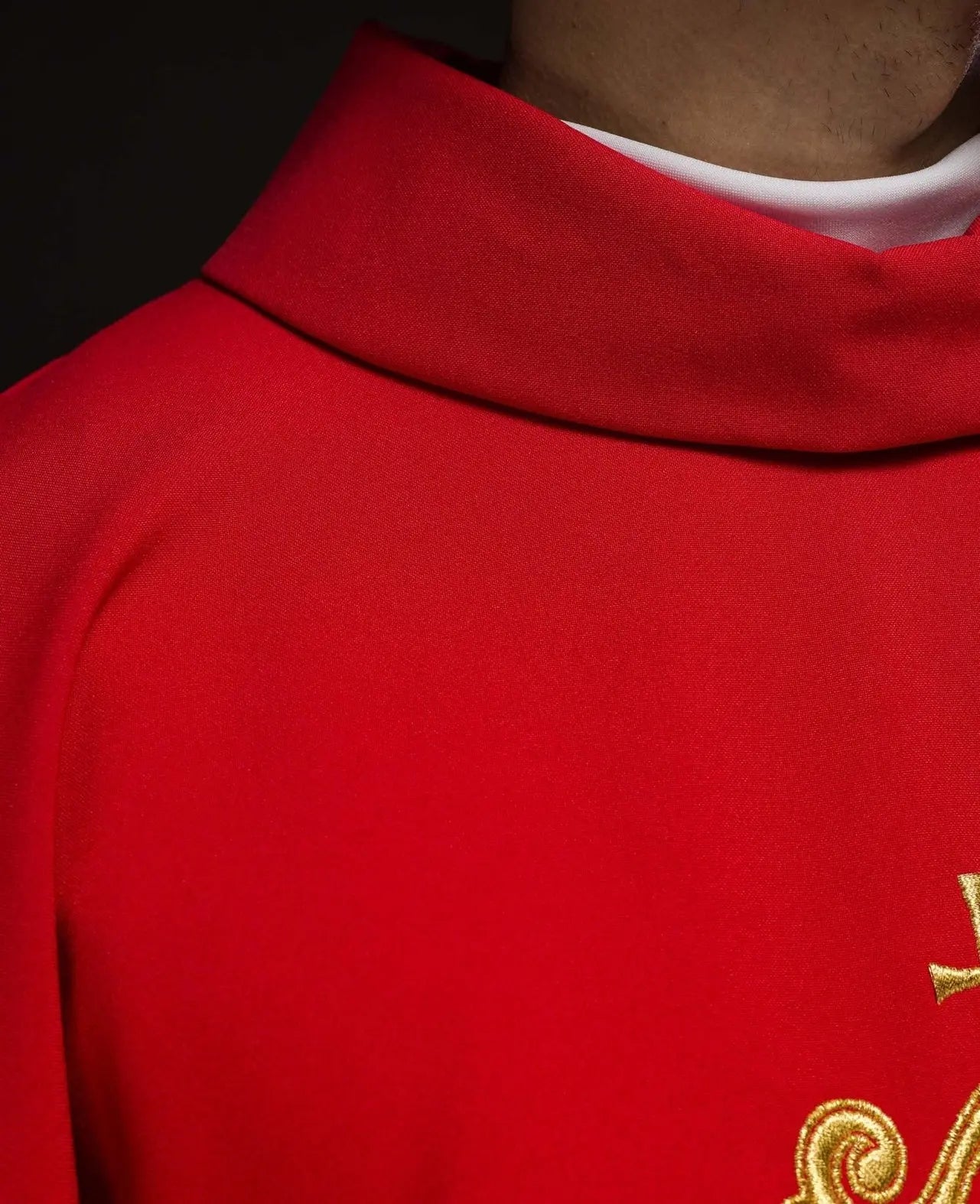 Red chasuble with gold IHS embroidery