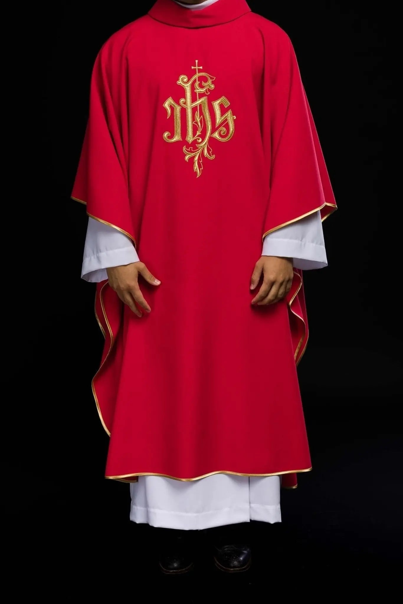Red chasuble with gold IHS embroidery