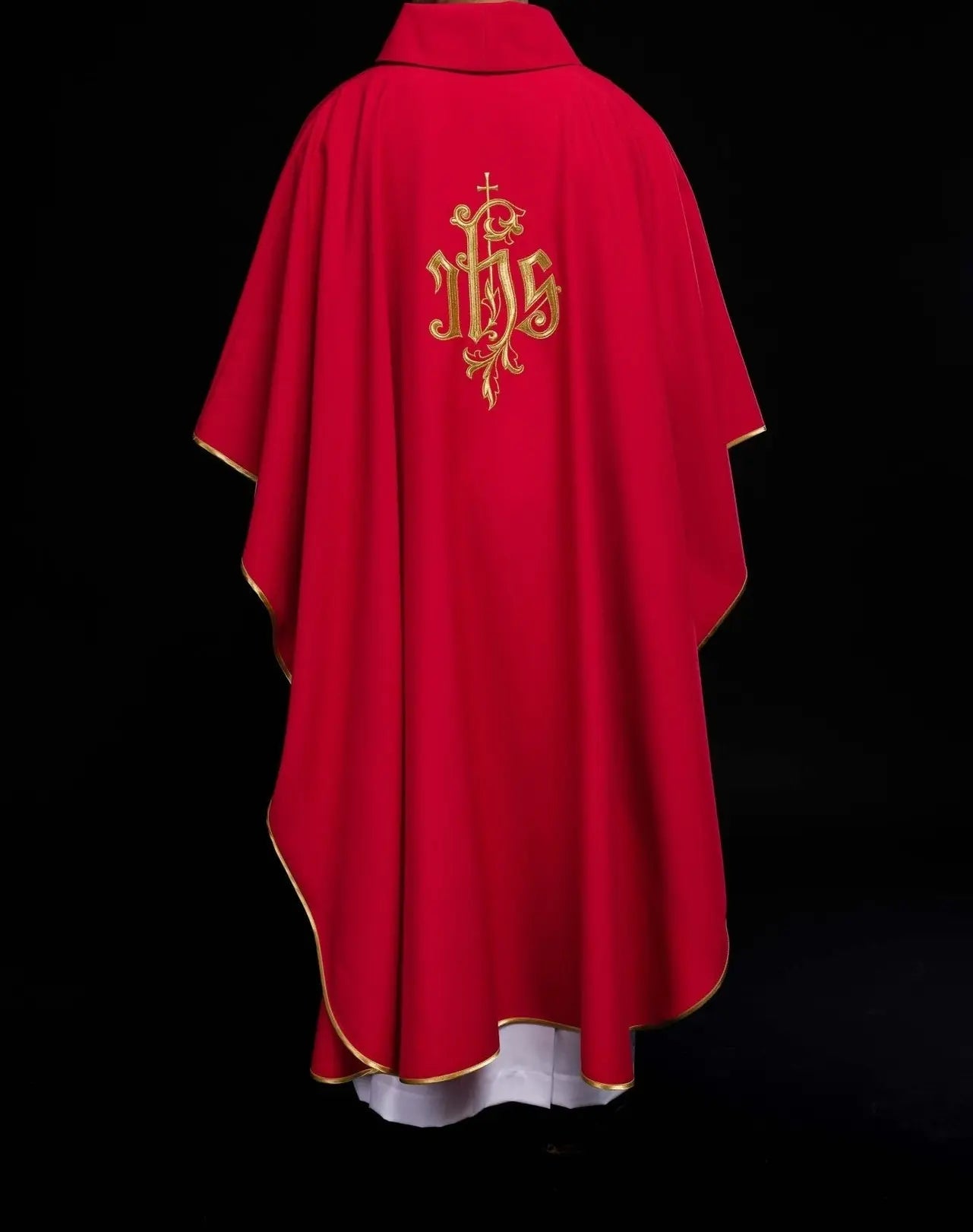 Red chasuble with gold IHS embroidery