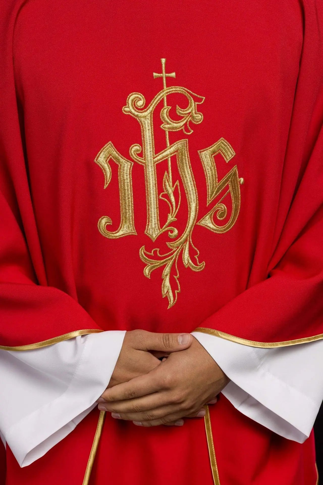Red chasuble with gold IHS embroidery