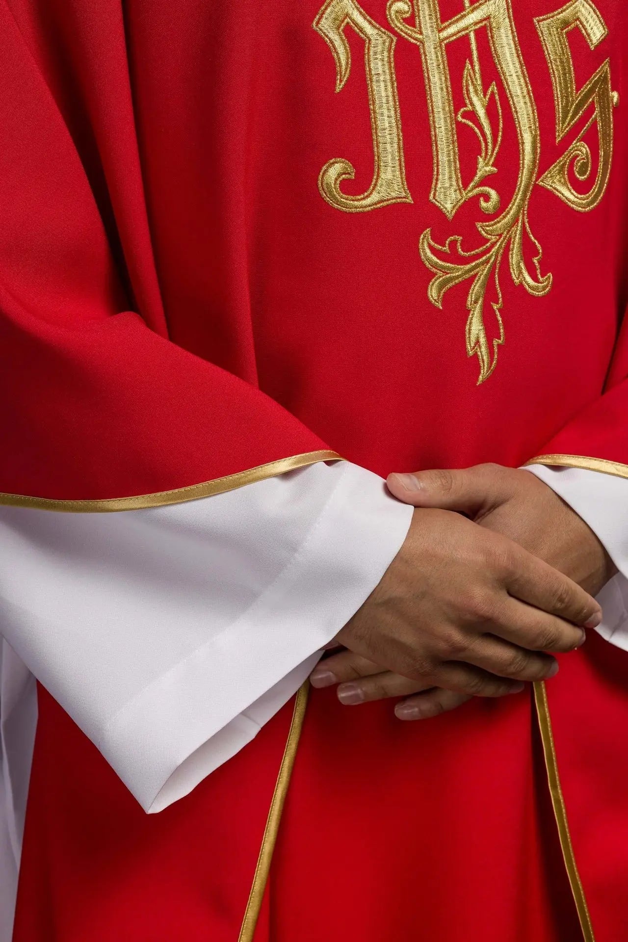Red chasuble with gold IHS embroidery