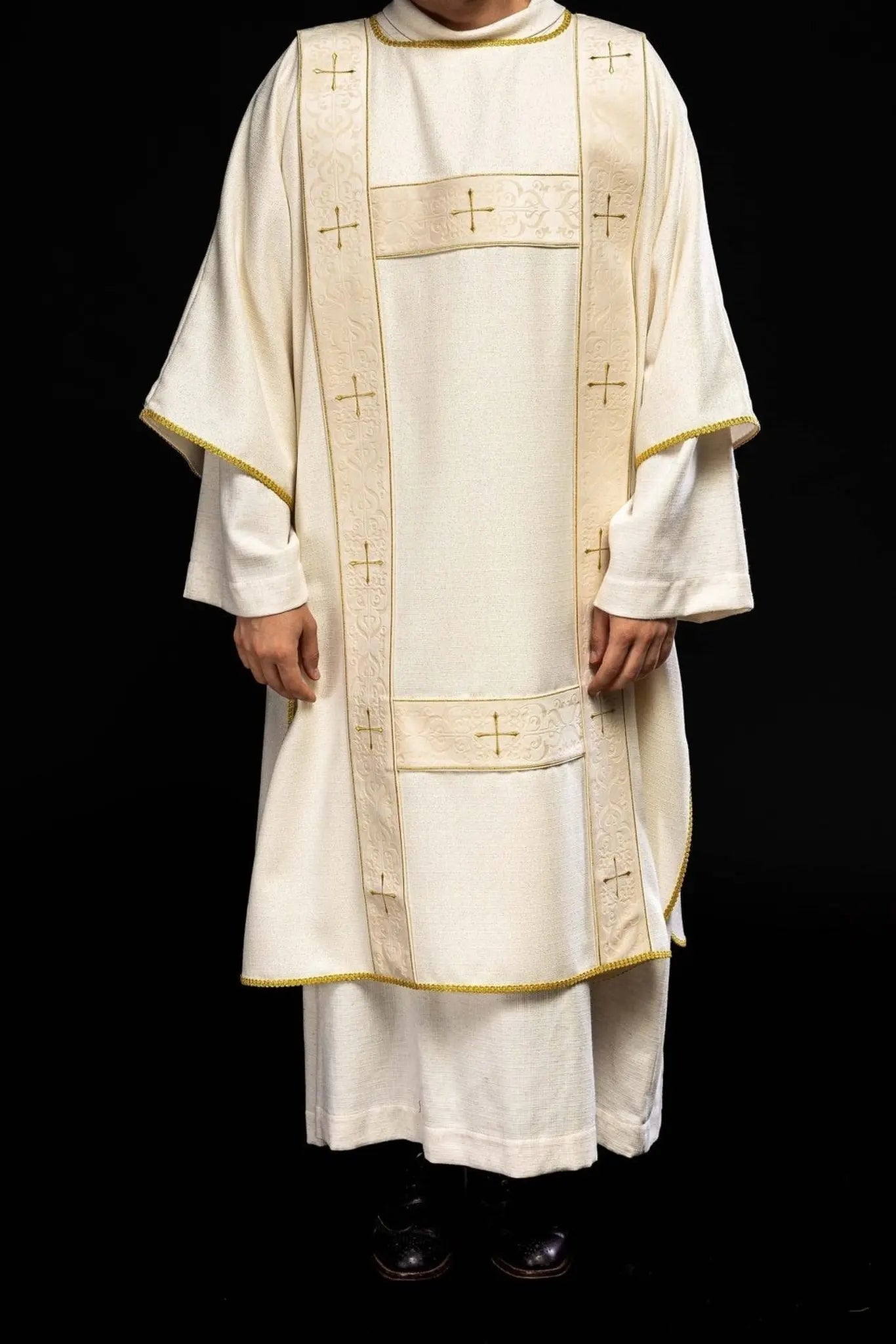 Ecru Dalmatic with Velvet Bands and Gold Embroidered Crosses