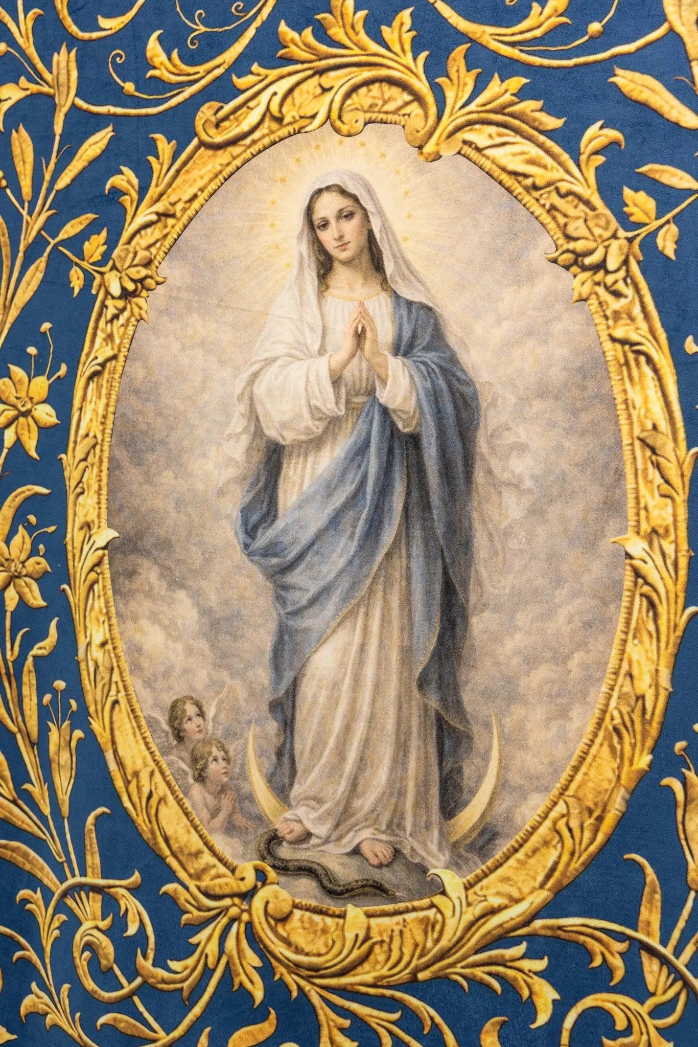 Double-sided Printed Processional Banner: Our Lady of the Immaculate Conception and Marian Monogram - HAFTINA ATELIER