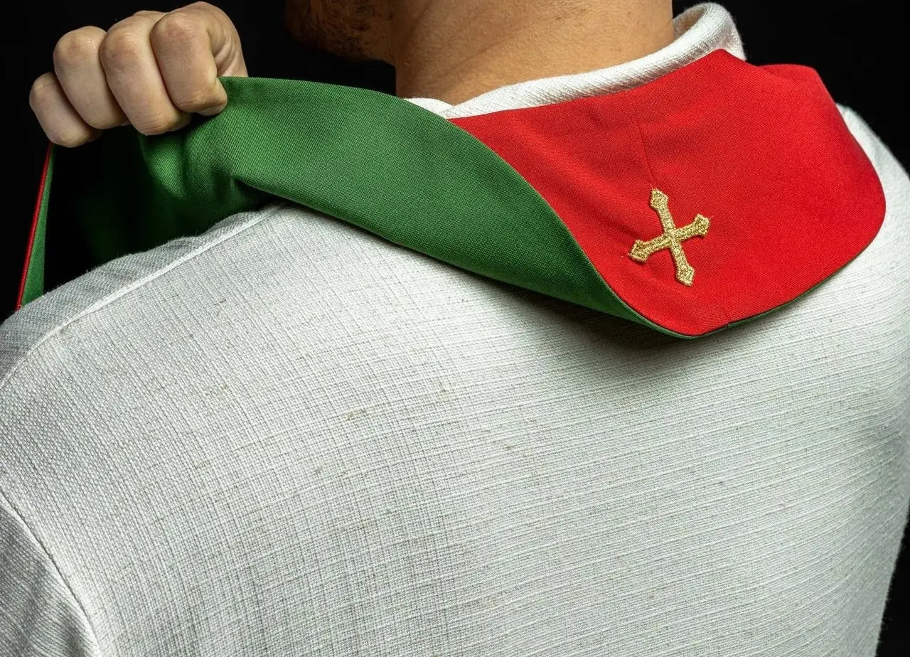 Two-sided embroidered priest's stole green and red Jerusalem cross