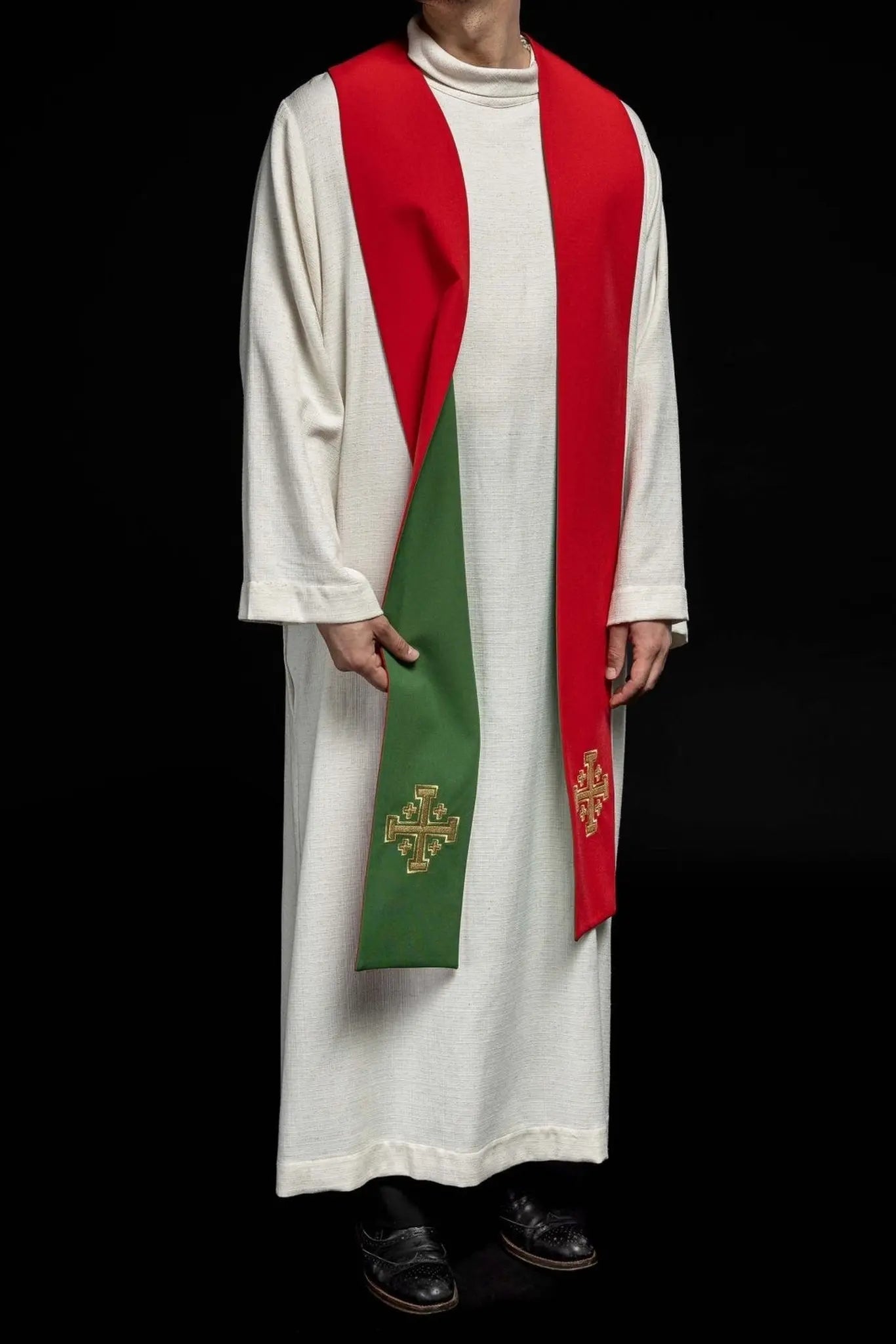 Two-sided embroidered priest's stole green and red Jerusalem cross