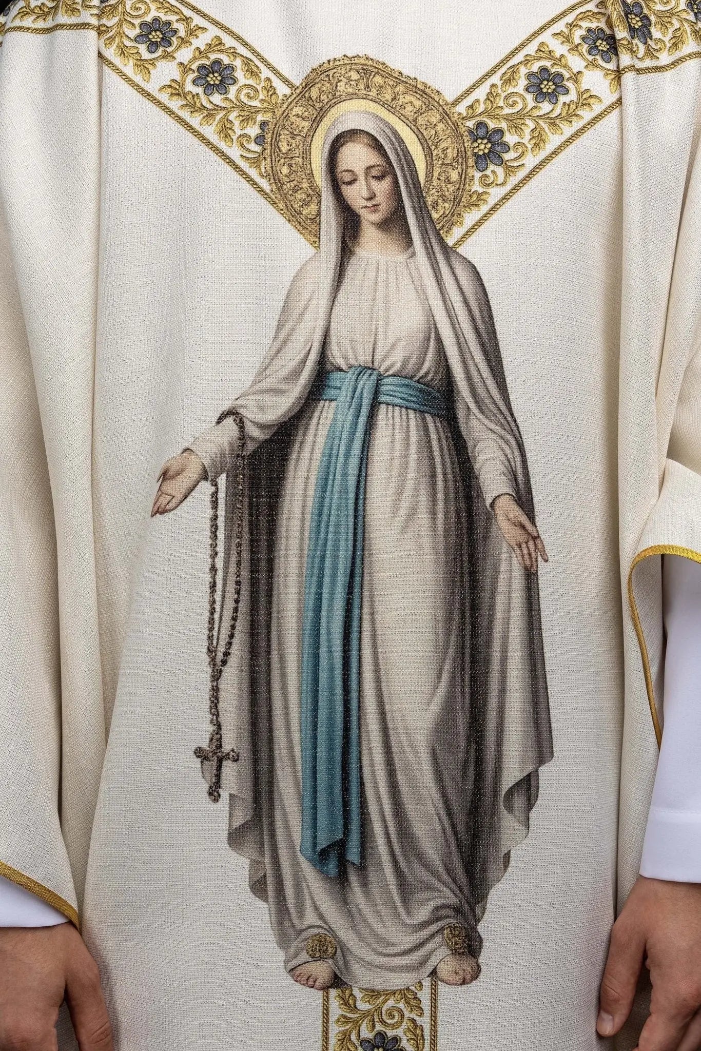 Ecru Chasuble with Printed Image of Our Lady of Lourdes - HAFTINA ATELIER
