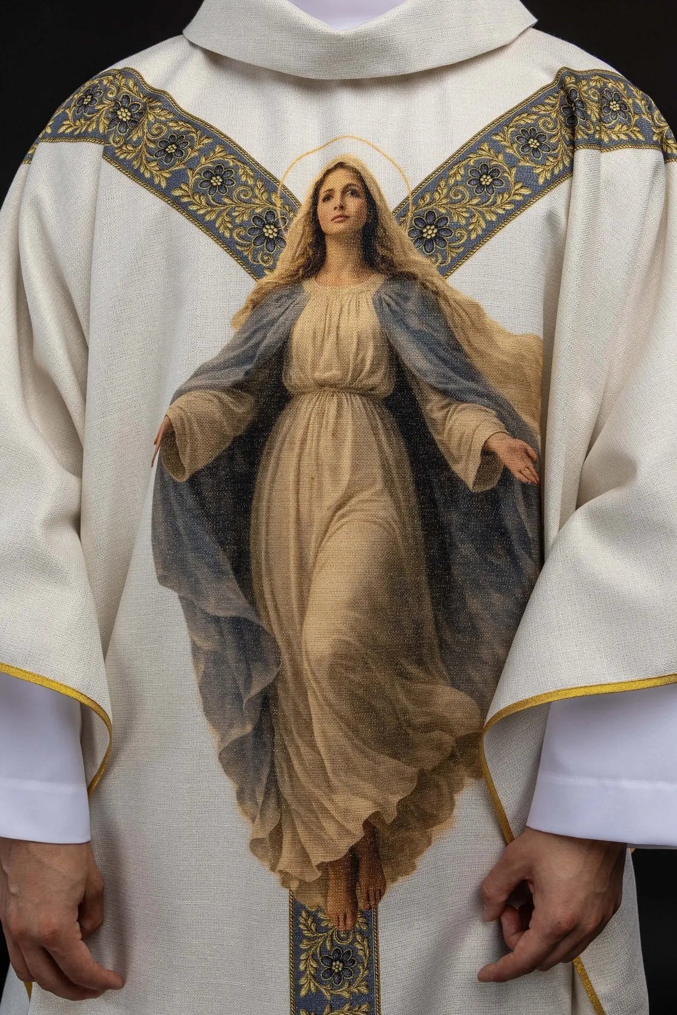 Ecru Chasuble with Printed Image of Our Lady of the Assumption - HAFTINA ATELIER