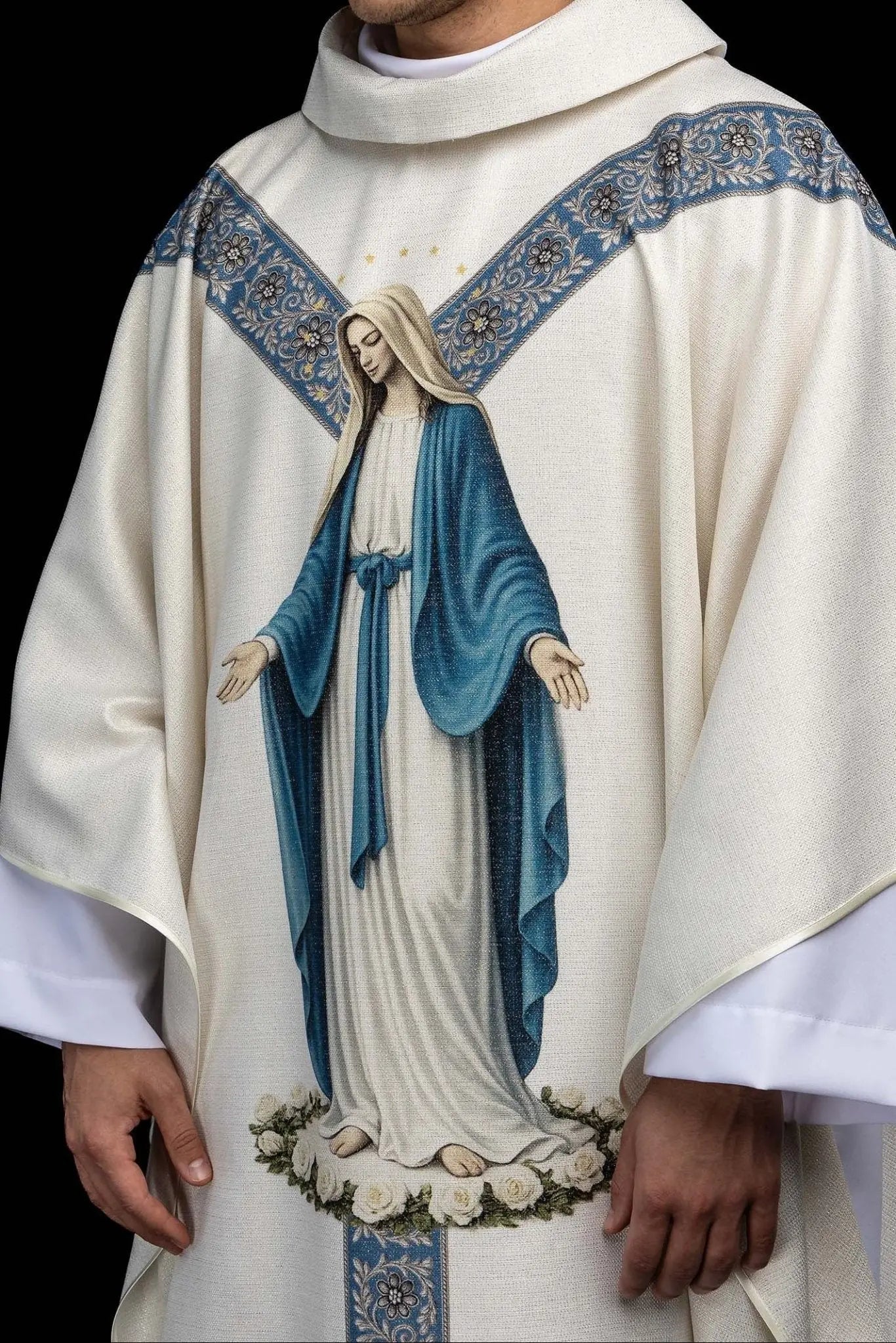 Ecru Chasuble with Printed Image of the Immaculate Conception - HAFTINA ATELIER