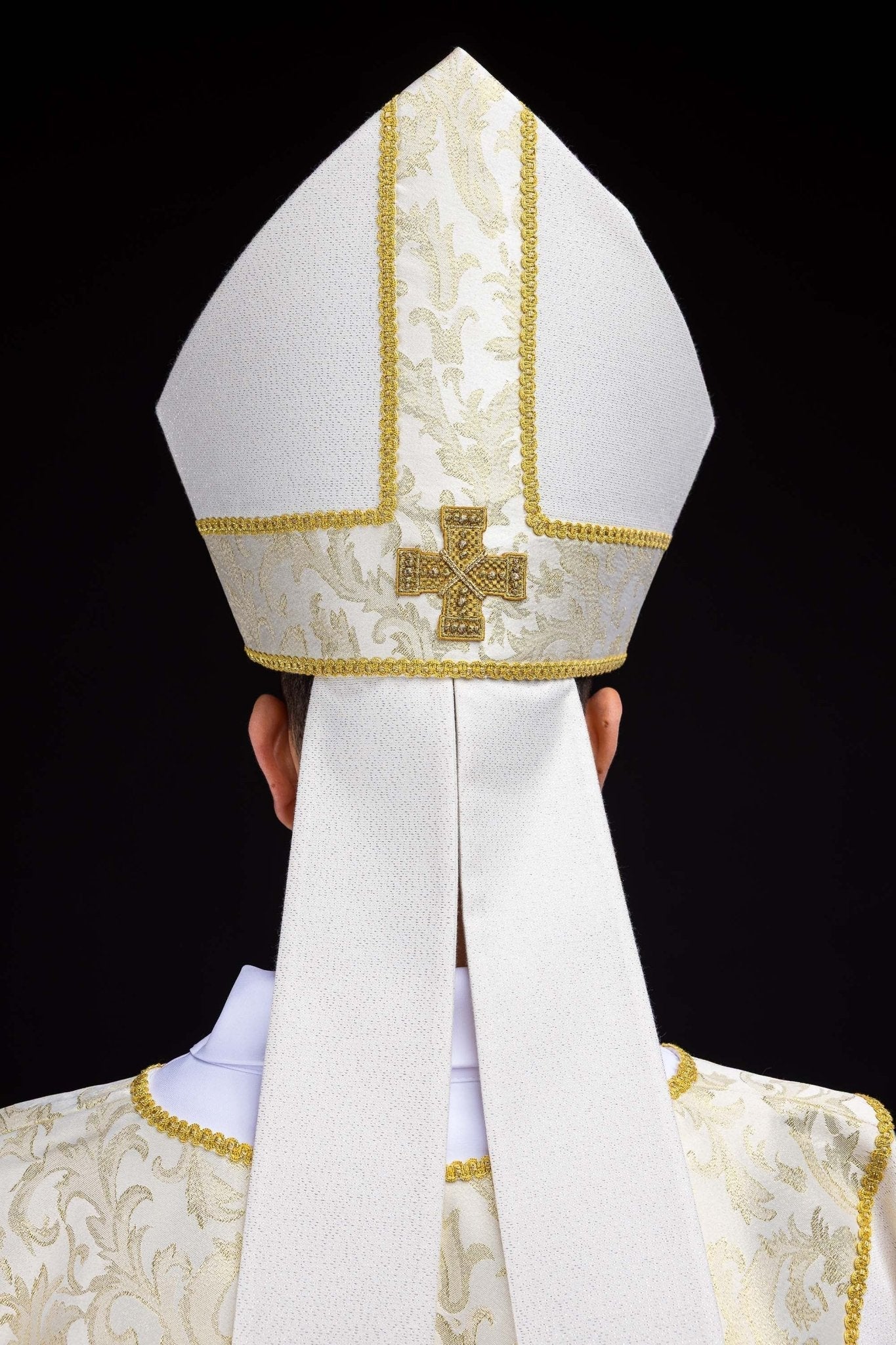 Ecru Mitre with Embroidered Cross and Jacquard Fabric - HAFTINA ATELIER