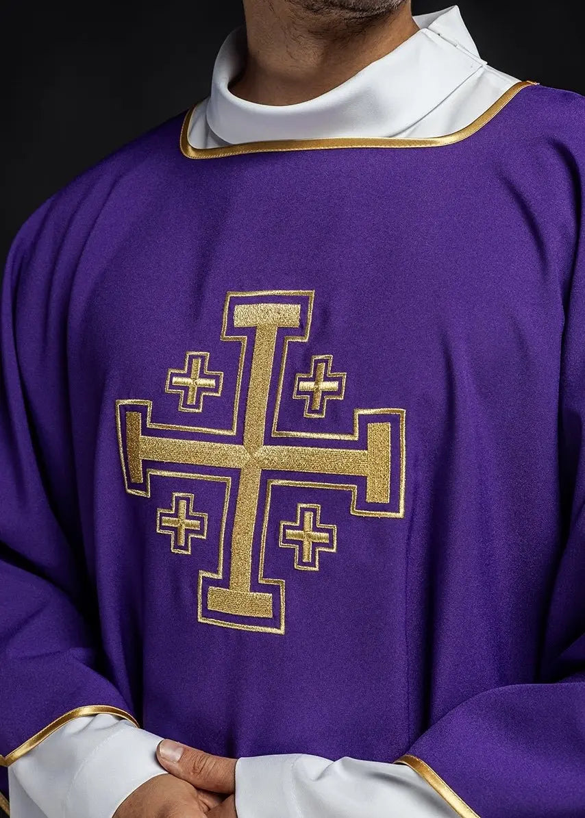 Purple Dalmatian with embroidered gold crosses
