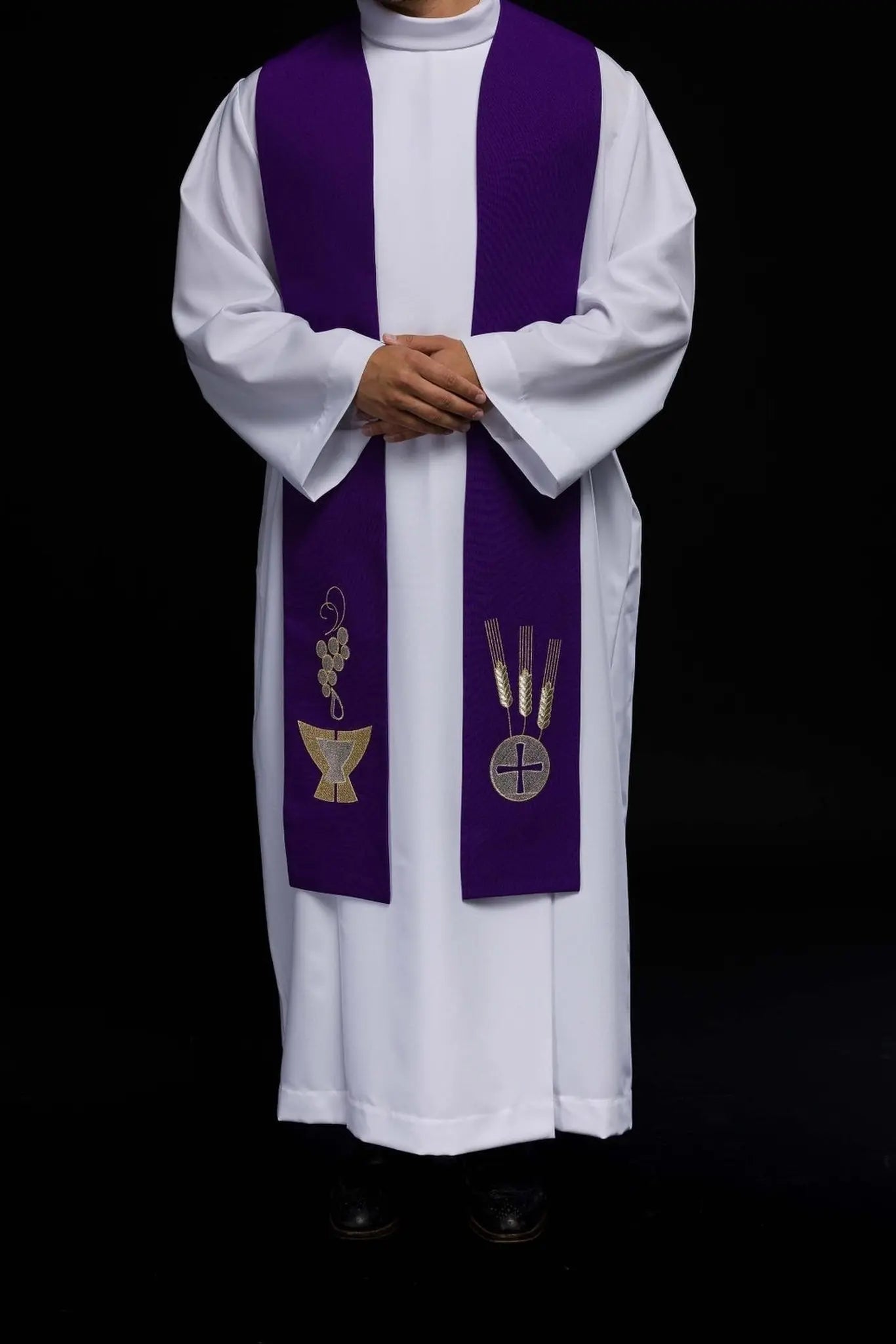 Purple embroidered priest's stole Chalice, Spikes and Grapes
