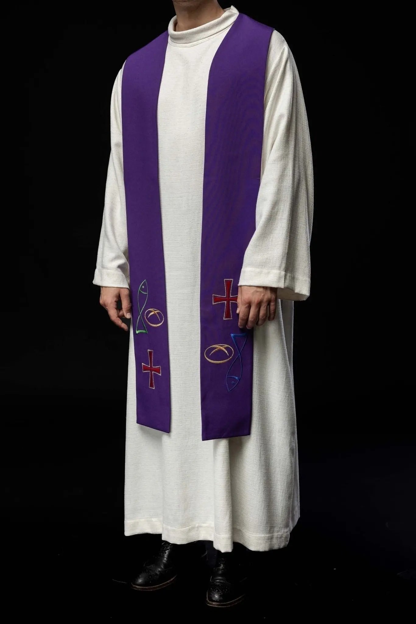 Purple embroidered priest's stole Fish Bread Cross