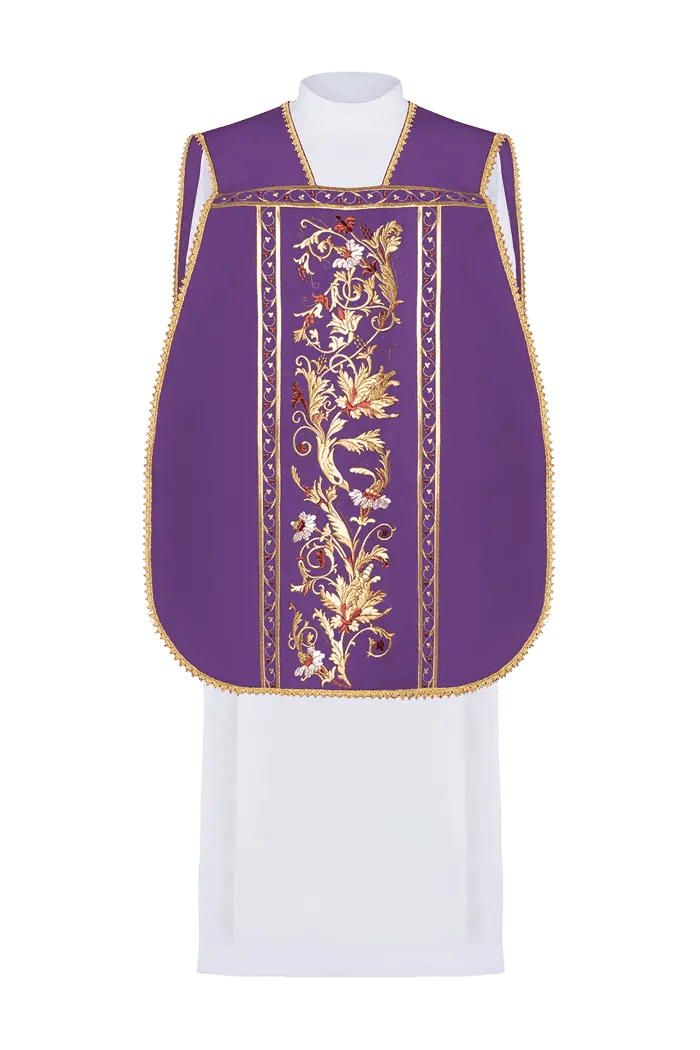 Chasuble romaine violette brodée avec motif IHS