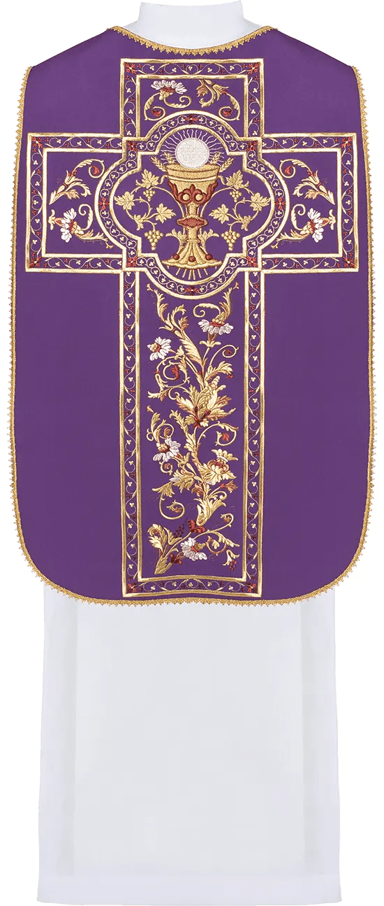 Chasuble romaine violette brodée avec motif de calice eucharistique