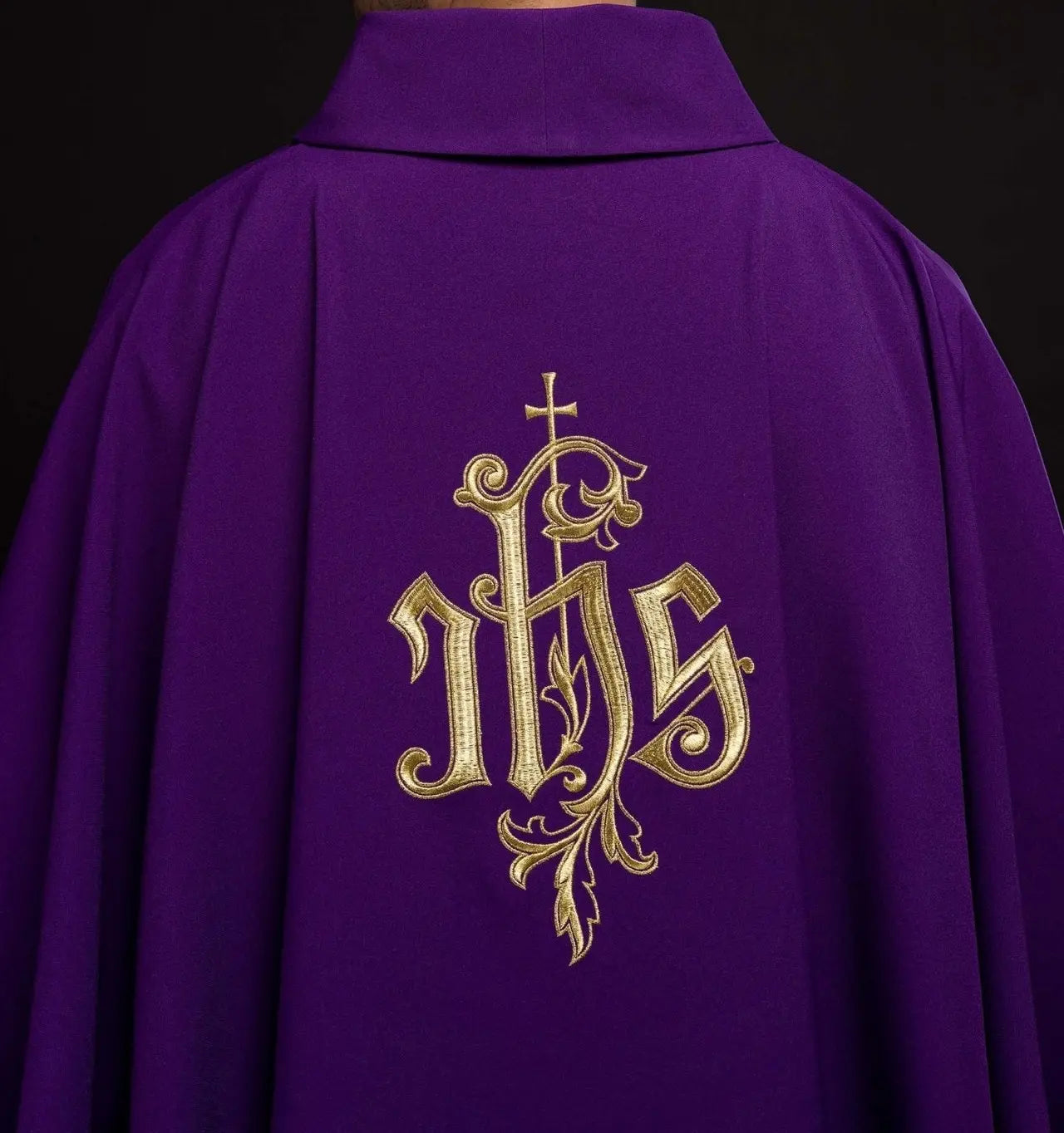 Purple chasuble with gold IHS embroidery
