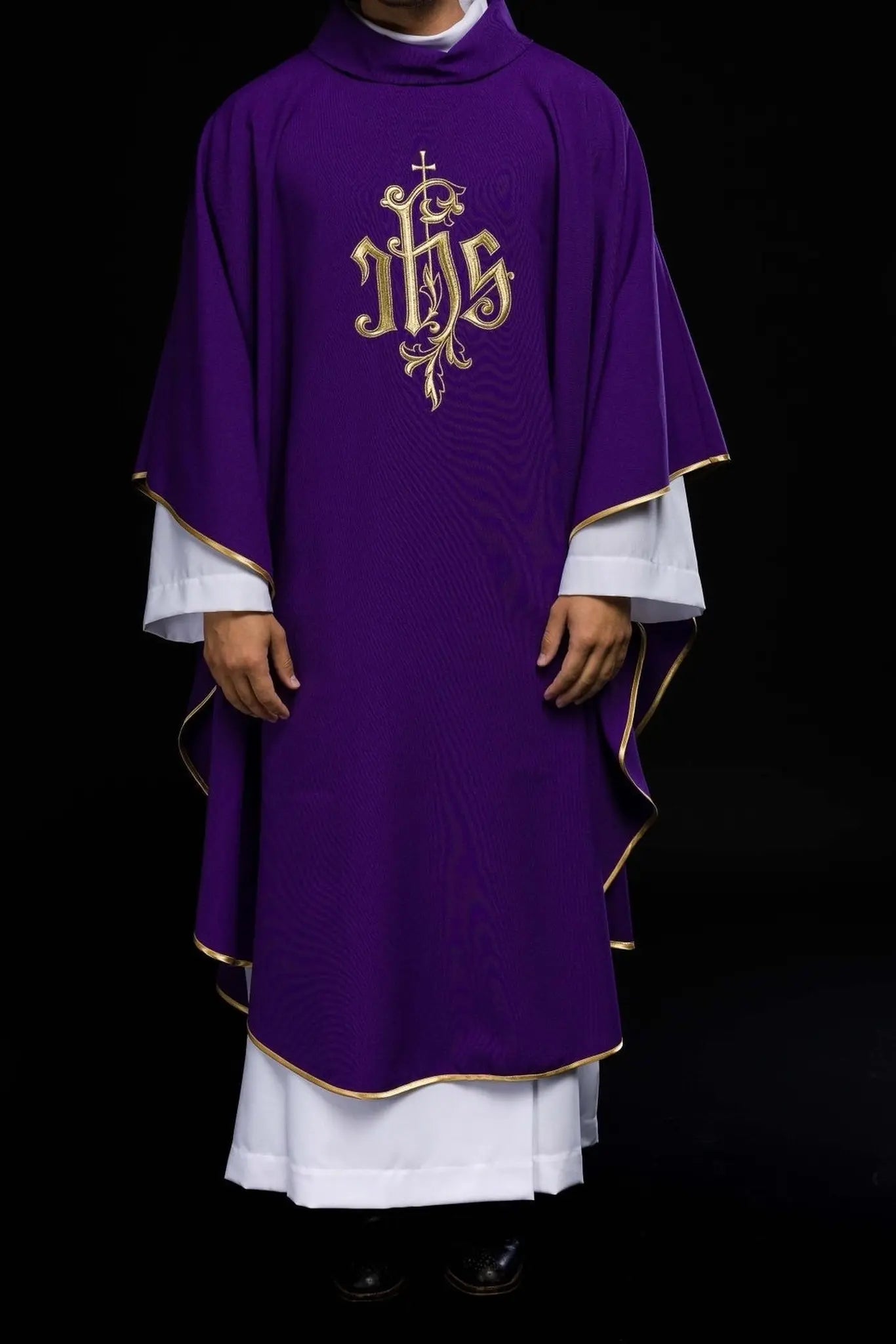 Purple chasuble with gold IHS embroidery