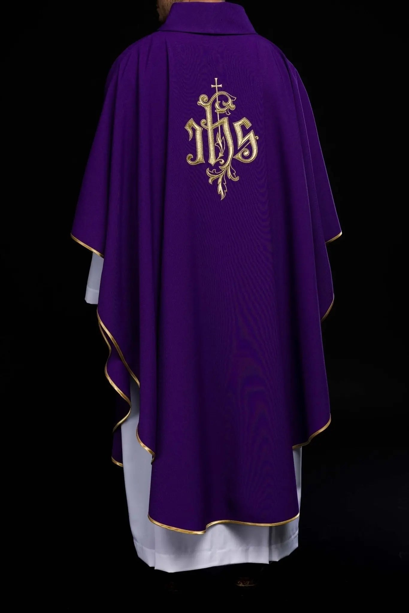 Purple chasuble with gold IHS embroidery