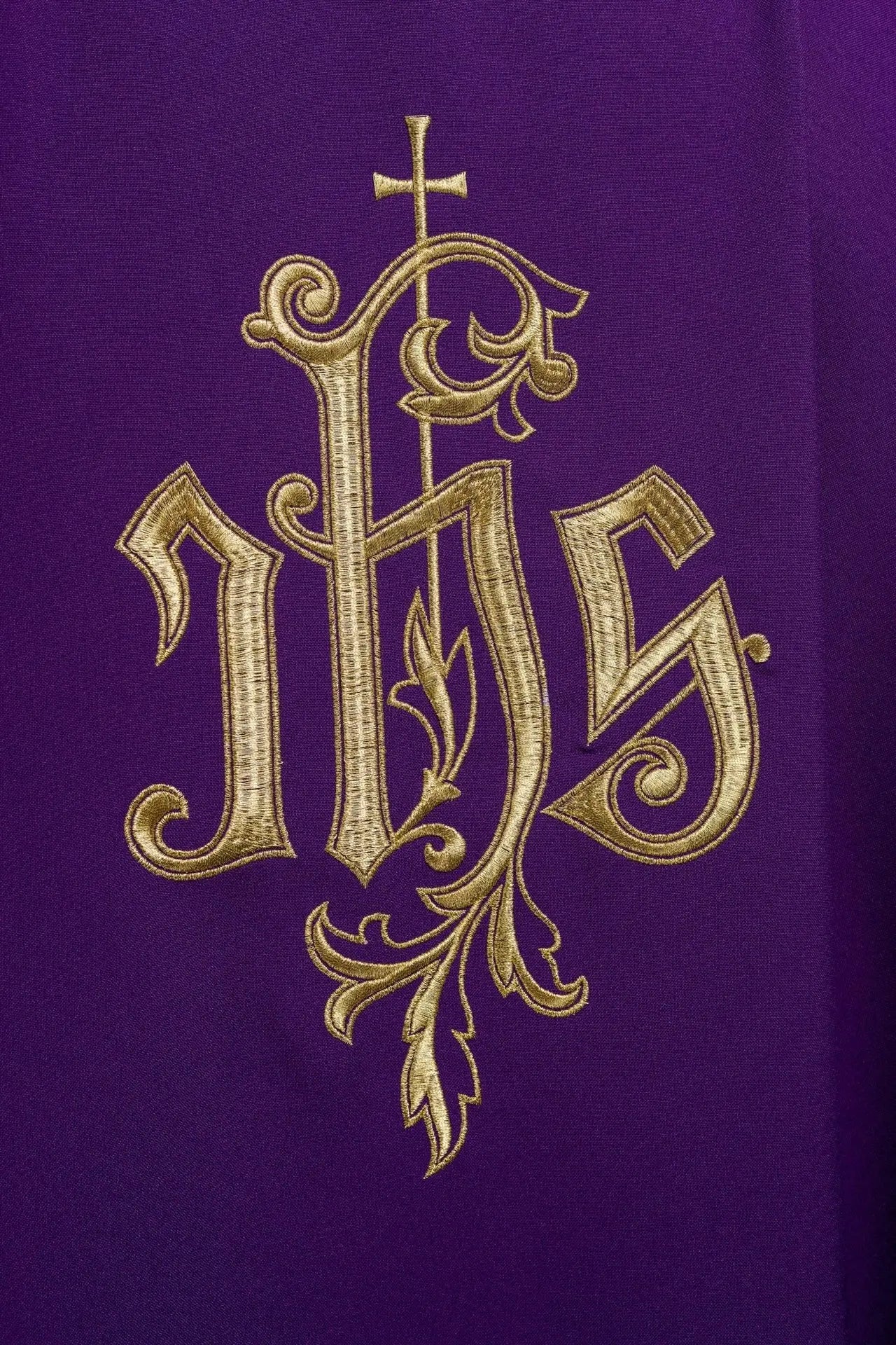 Purple chasuble with gold IHS embroidery