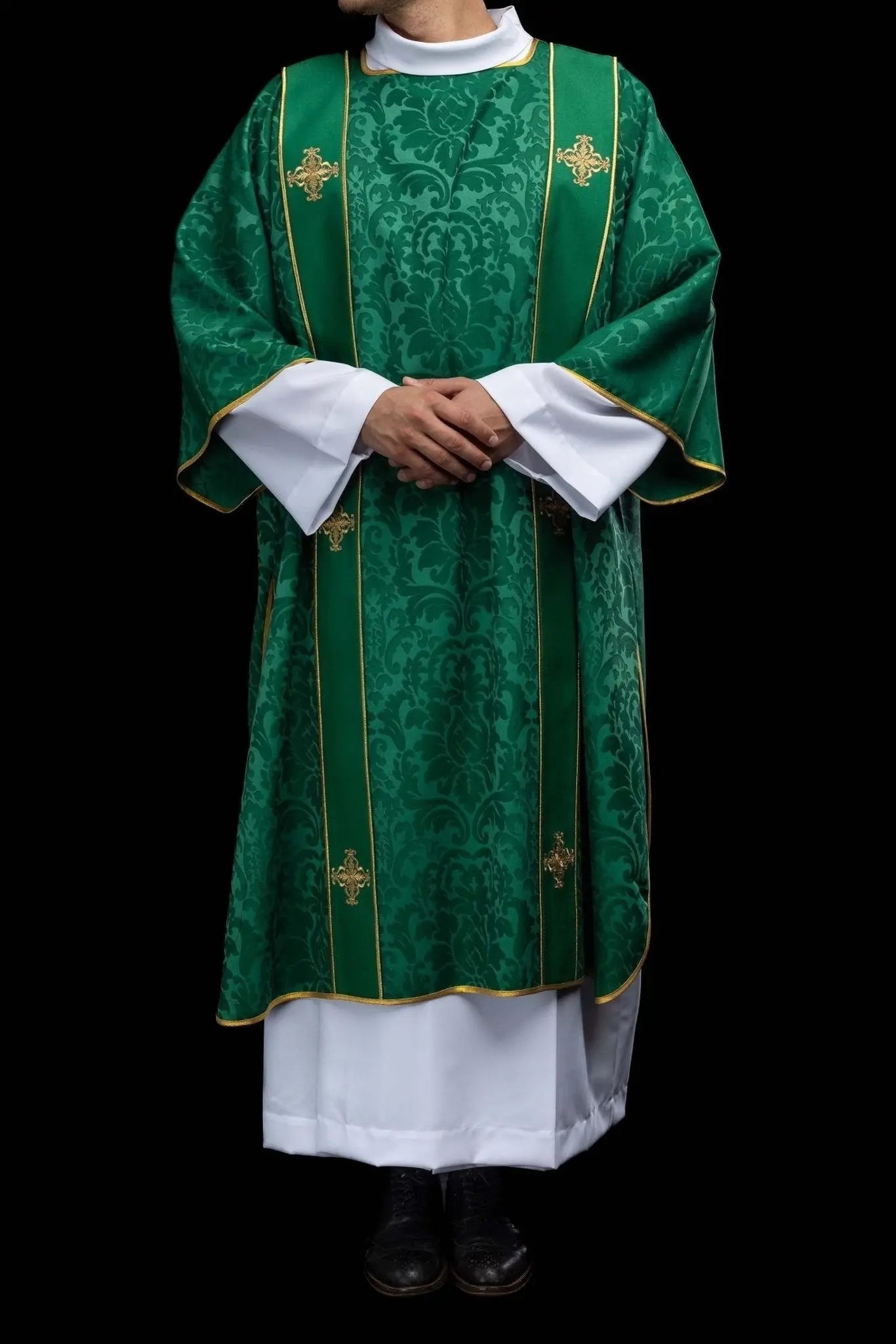 Green Jacquard Dalmatic with Gold Cross Embroidery - HAFTINA ATELIER
