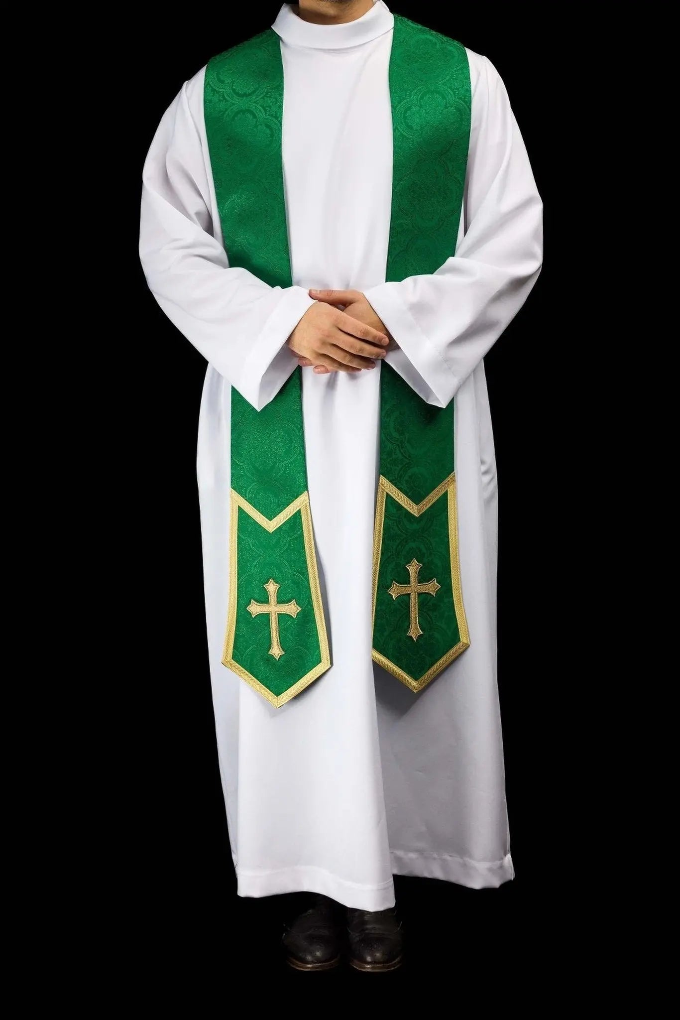 Green Jacquard Stole with Embroidered Cross - HAFTINA ATELIER
