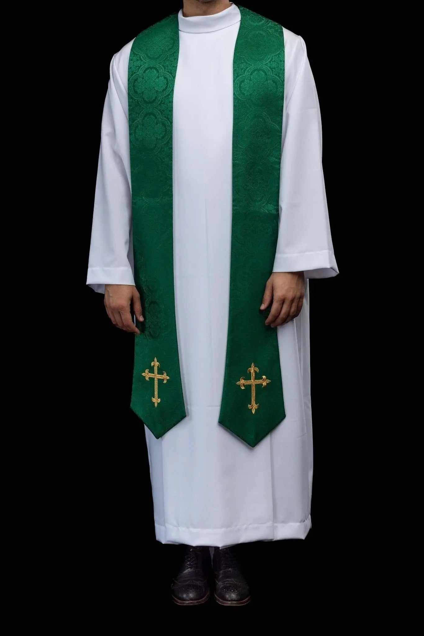 Green Jacquard Stole with Embroidered Cross Motif - HAFTINA ATELIER