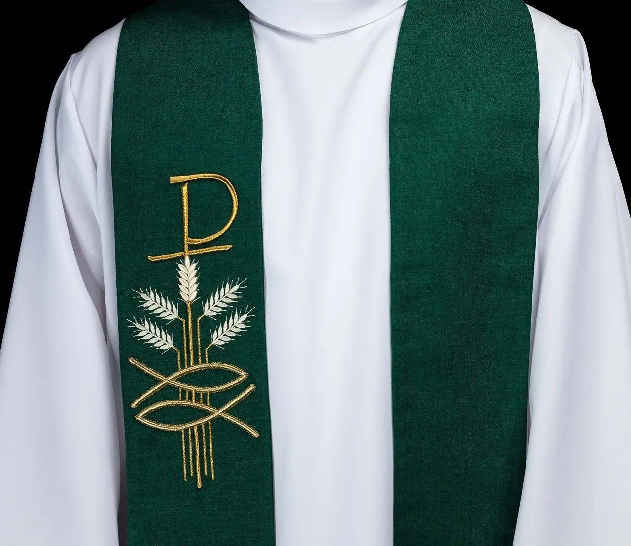 Green Stole with Pax Fish and Wheat Embroidery - HAFTINA ATELIER