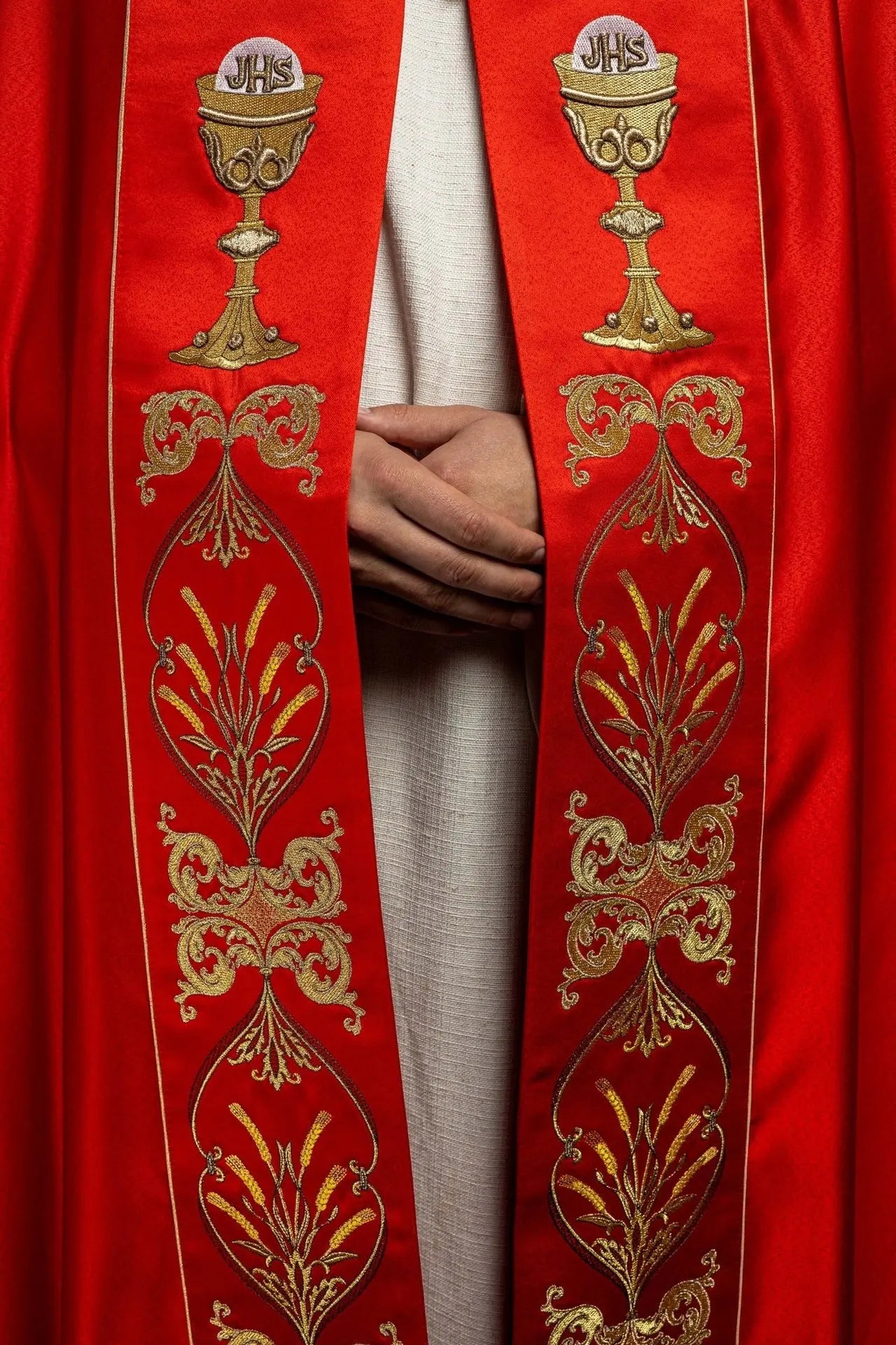 Liturgical chapel embroidered with chalice and IHS in red shade