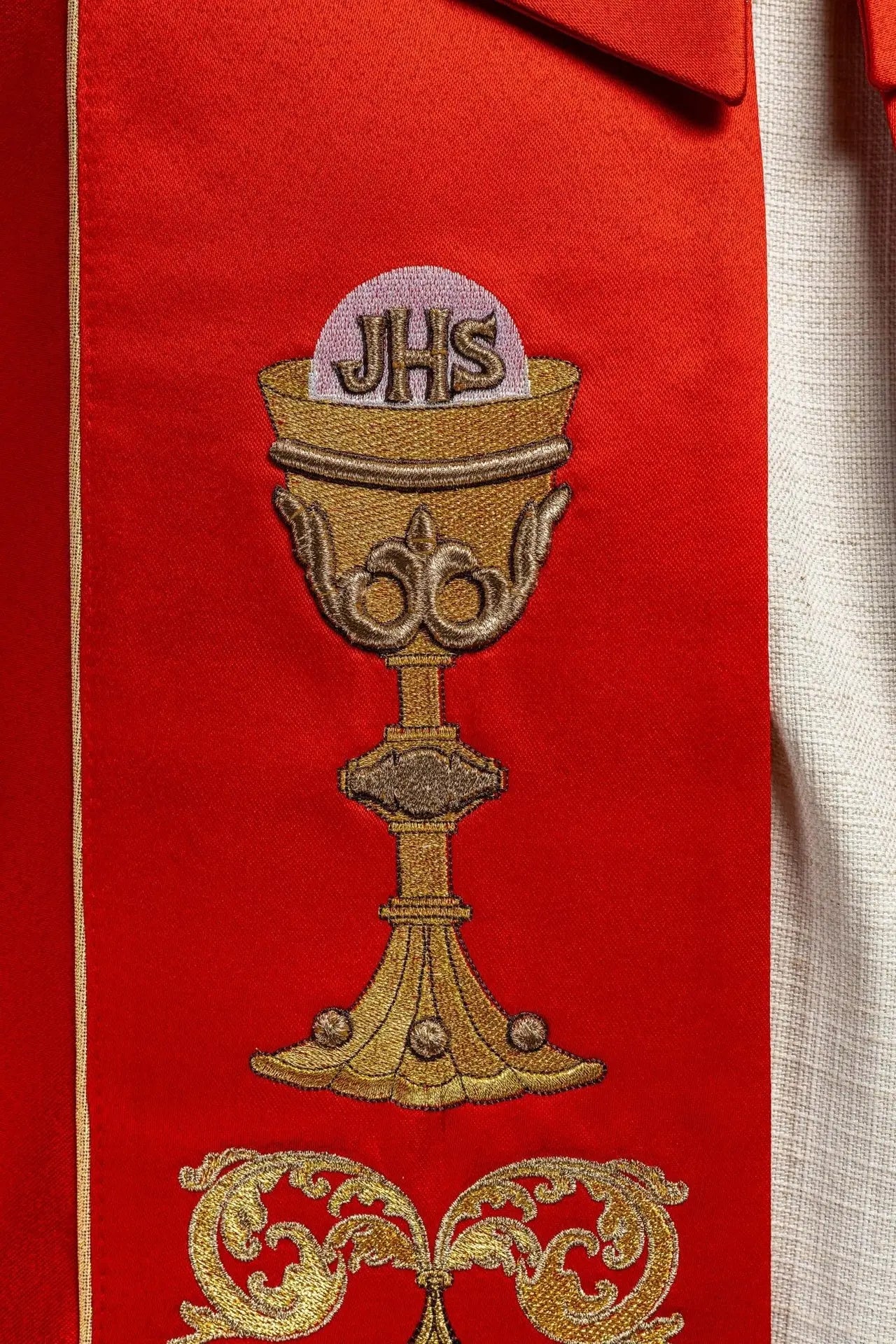 Liturgical chapel embroidered with chalice and IHS in red shade