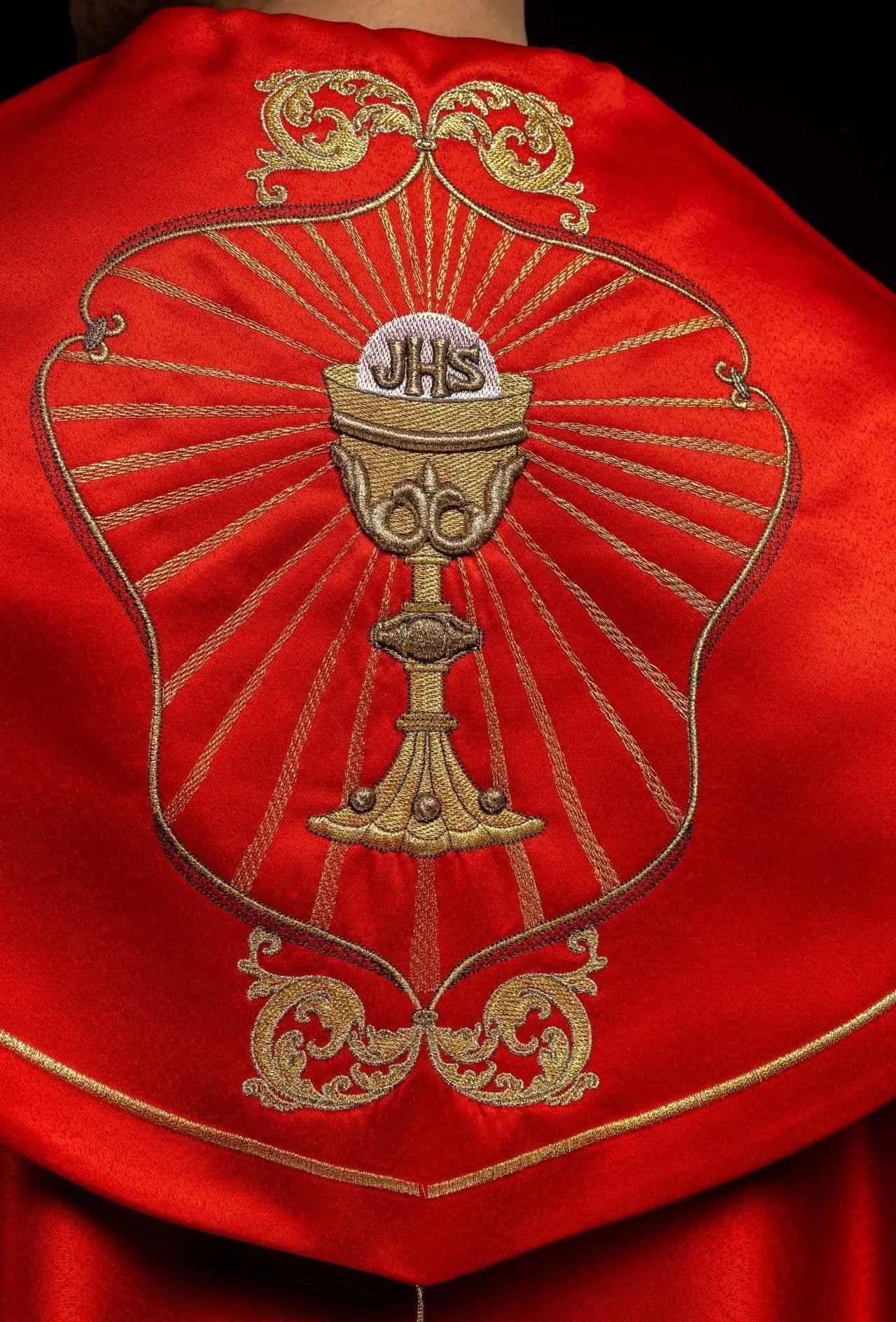 Liturgical chapel embroidered with chalice and IHS in red shade