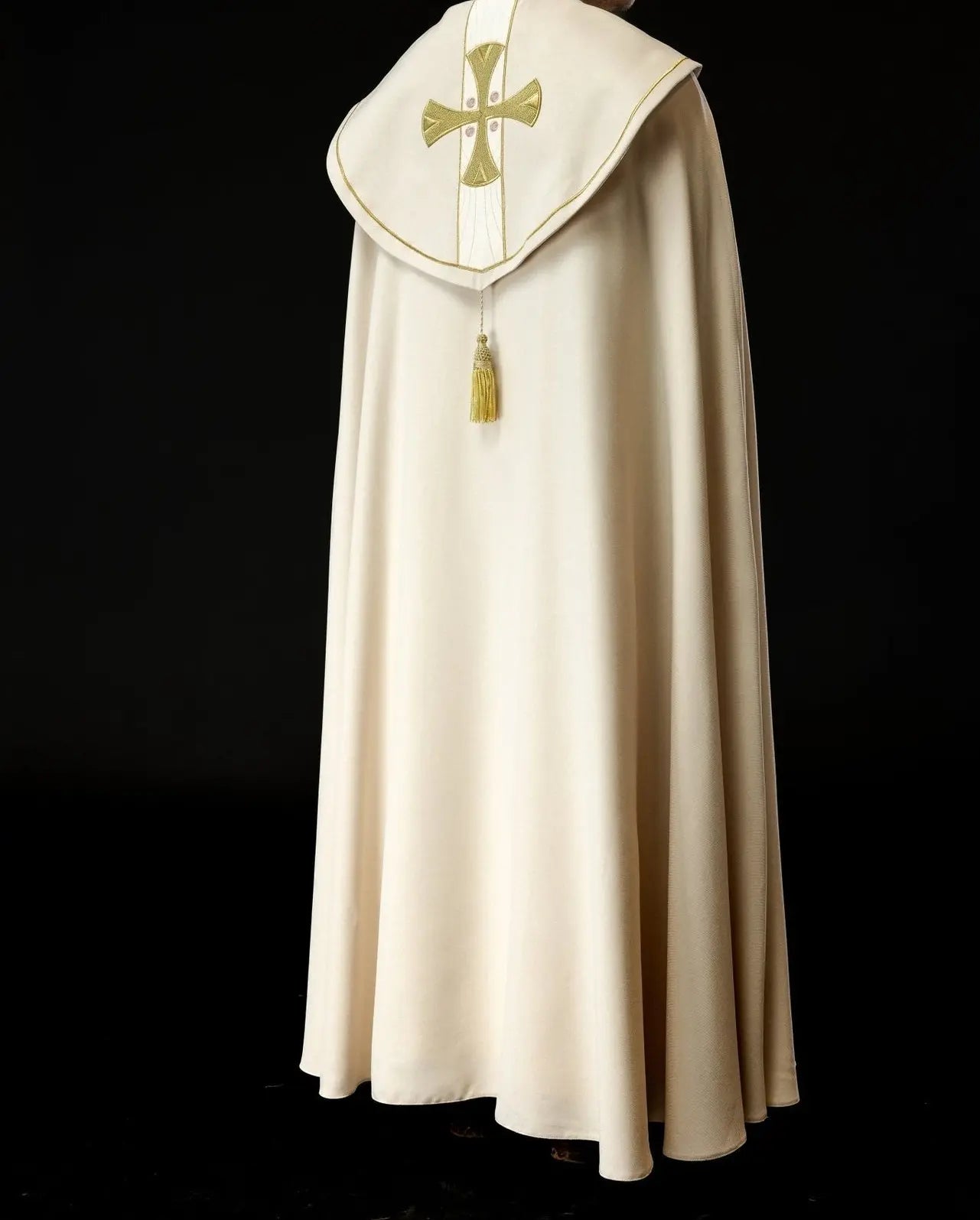 Elegant Ecru Liturgical Cope with Gold Embroidered Crosses and Velvet Collar