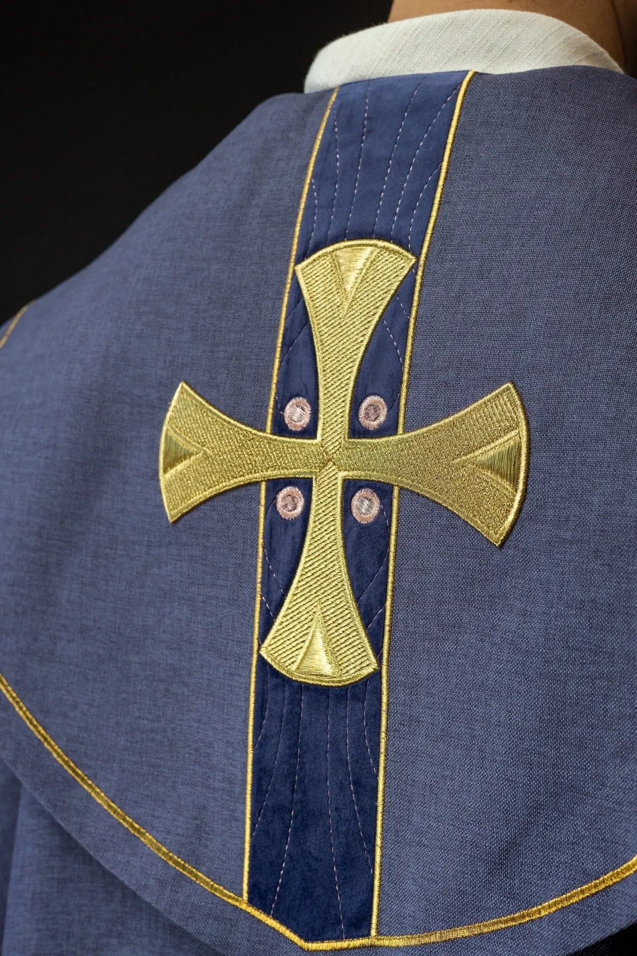 Liturgical Cope with Gold Embroidered Crosses and Purple Velvet Collar