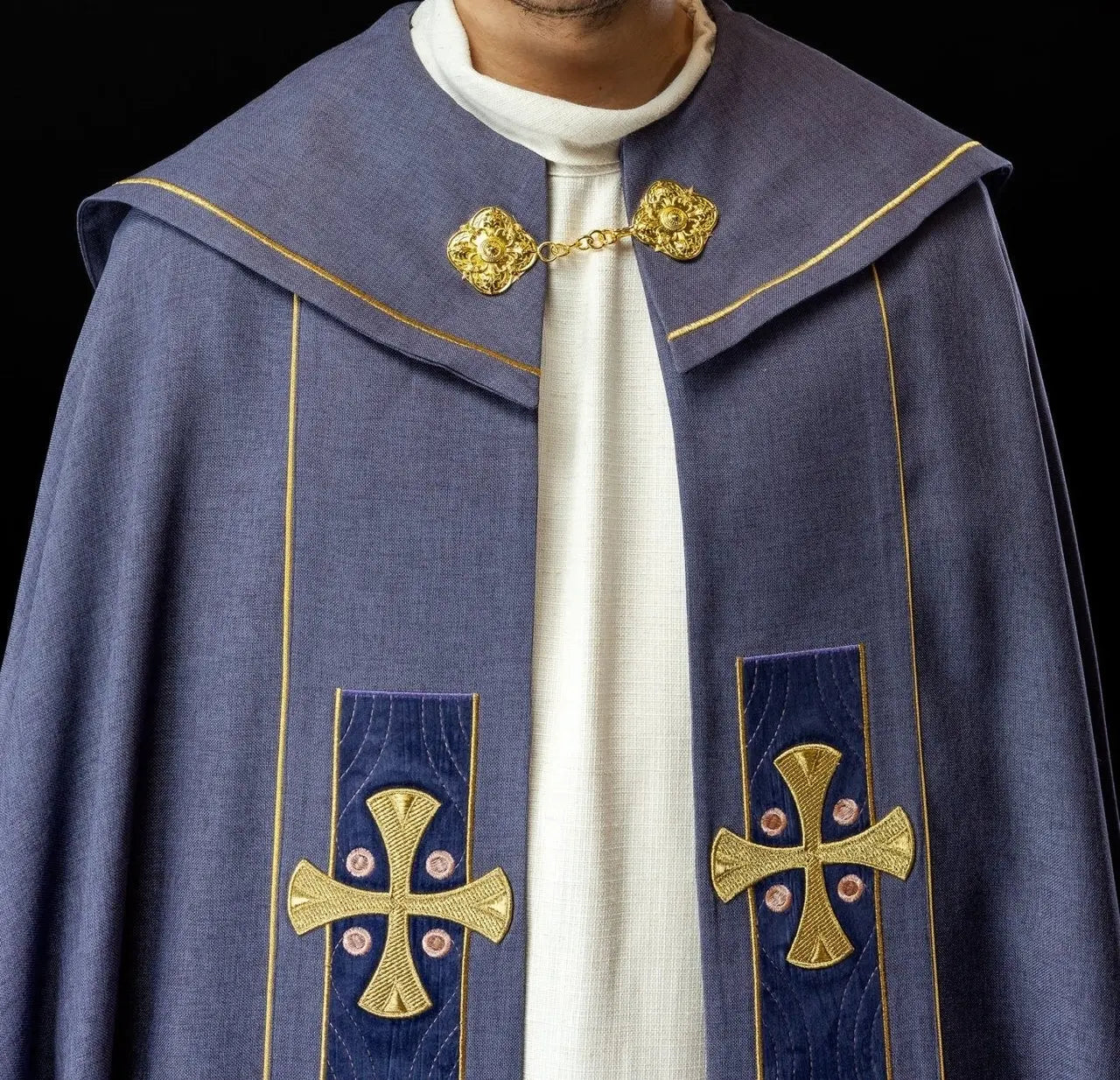 Liturgical Cope with Gold Embroidered Crosses and Purple Velvet Collar