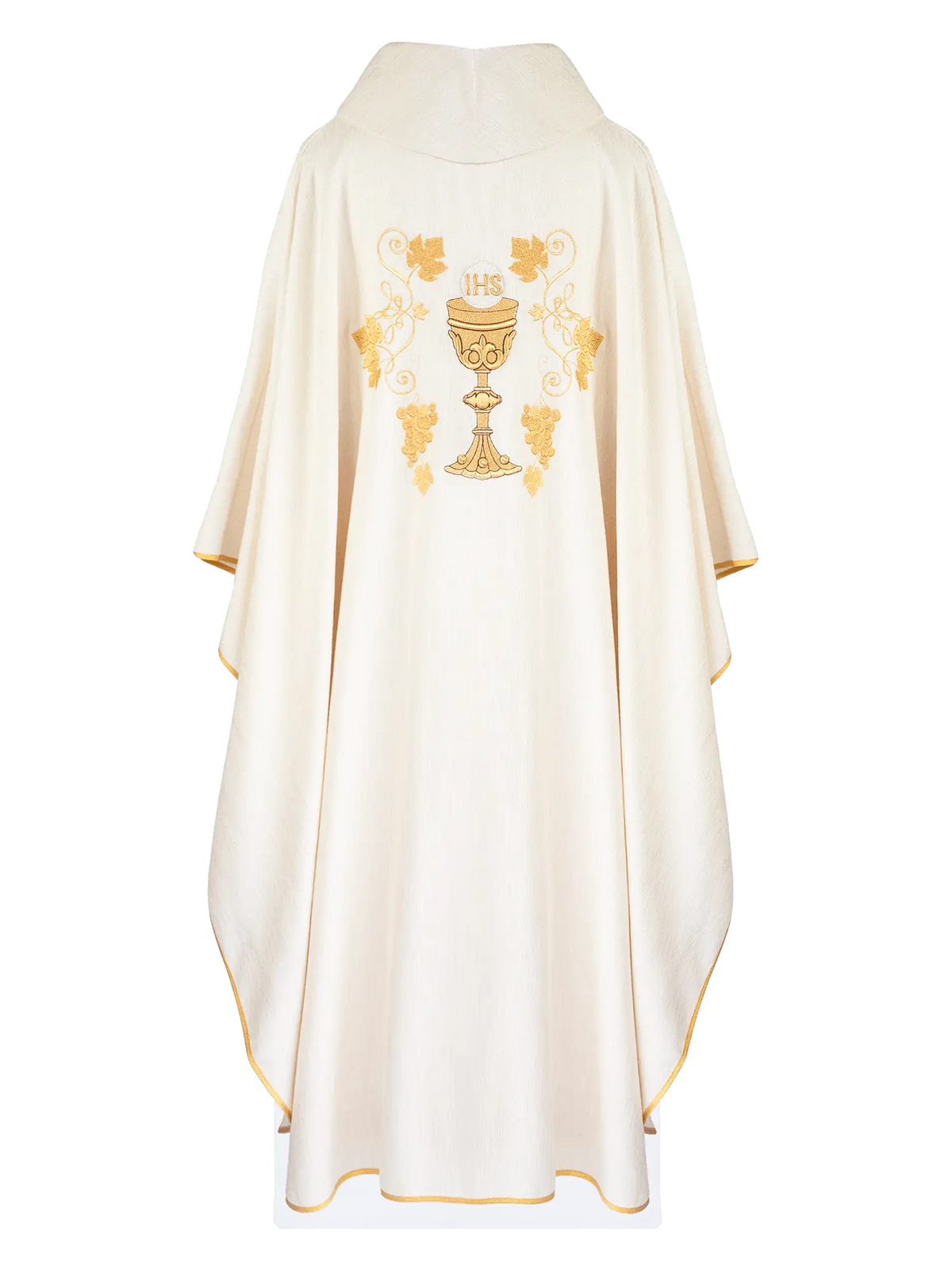 Chasuble écrue avec calice, IHS et vigne, vue de dos