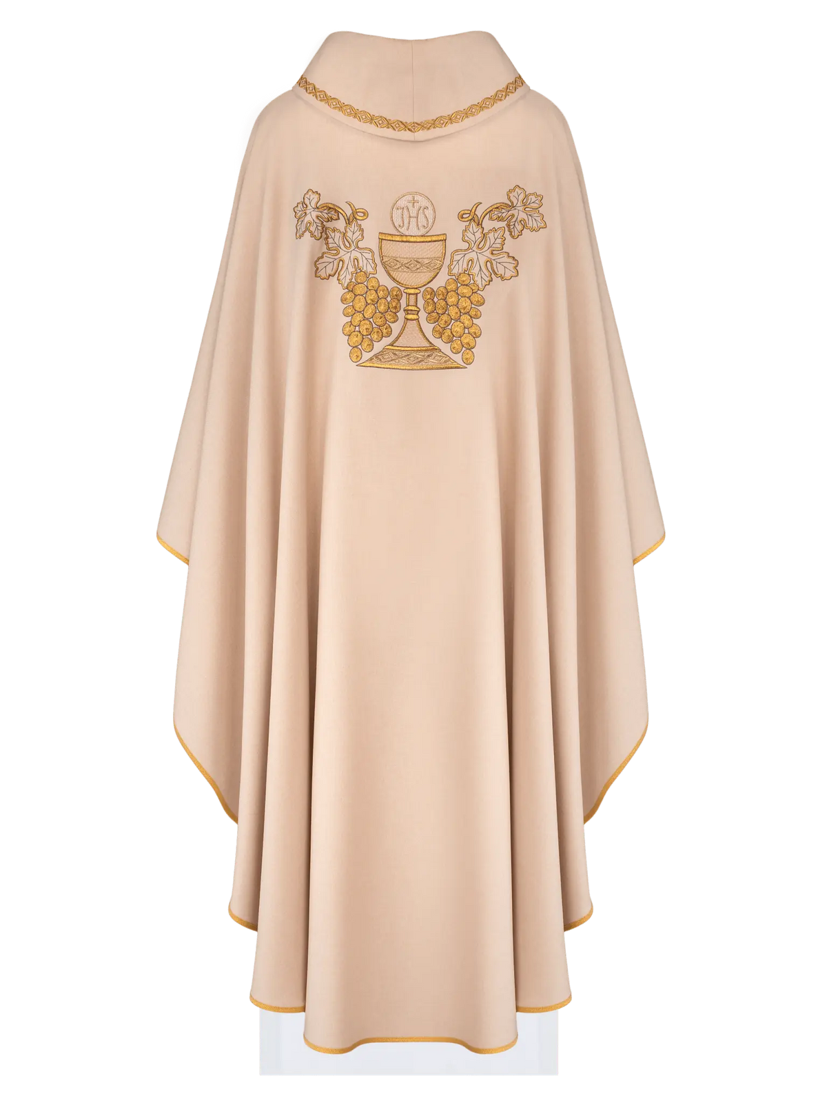 Chasuble écrue avec calice, IHS et raisins brodés, vue de dos
