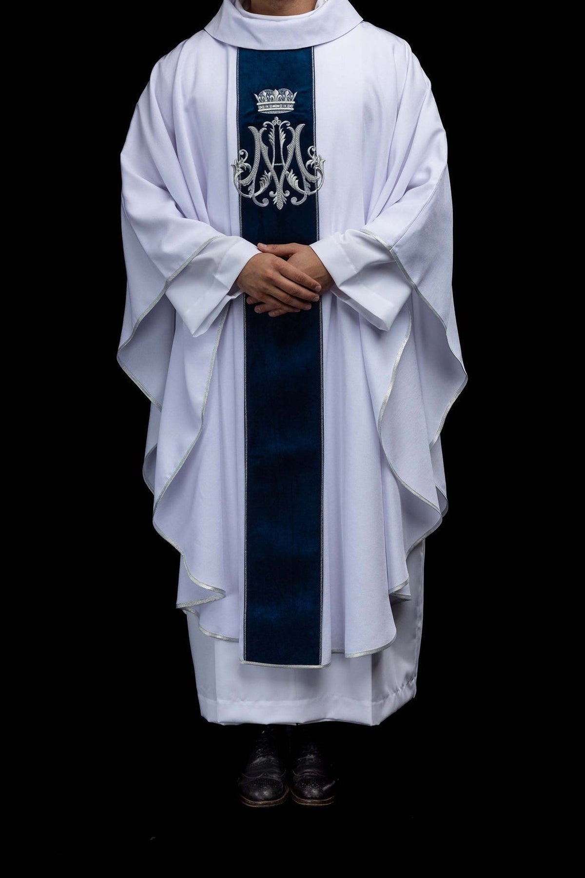 White Marian Chasuble for Marian Feasts with an Embroidered Crowned Monogram, front view