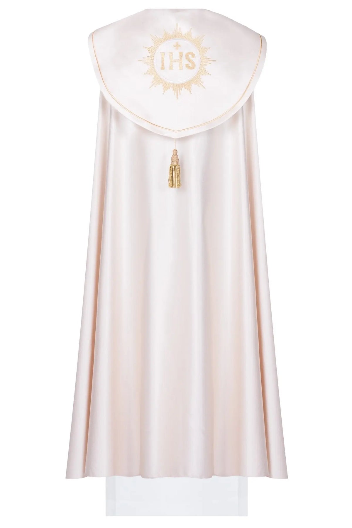 Écrue chape eucharistique avec broderie IHS, vue de face