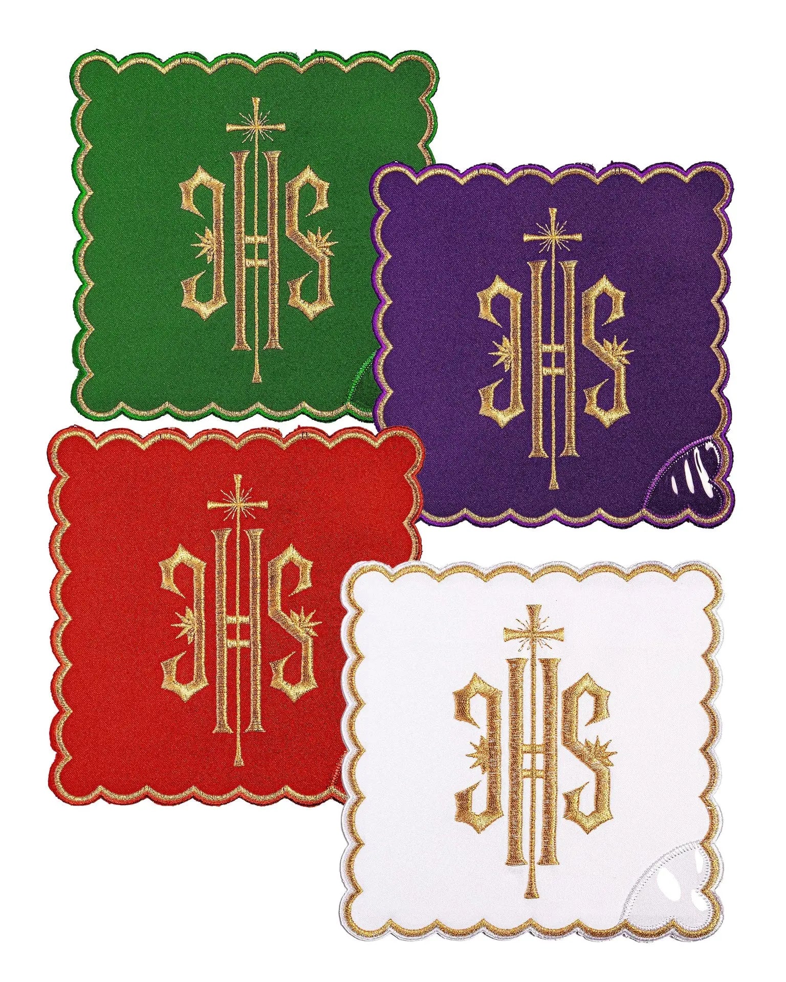 Ensemble de voiles de calice avec symbole IHS en quatre couleurs liturgiques
