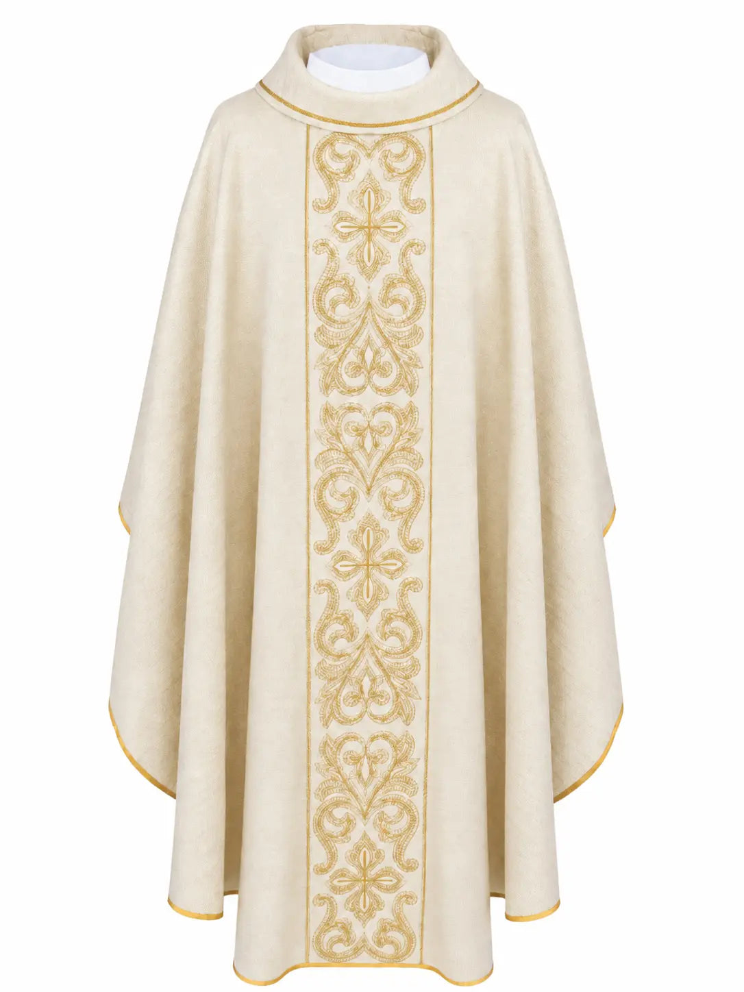 Écrue chasuble pour Noël et Pâques avec croix brodées dorées, vue de face