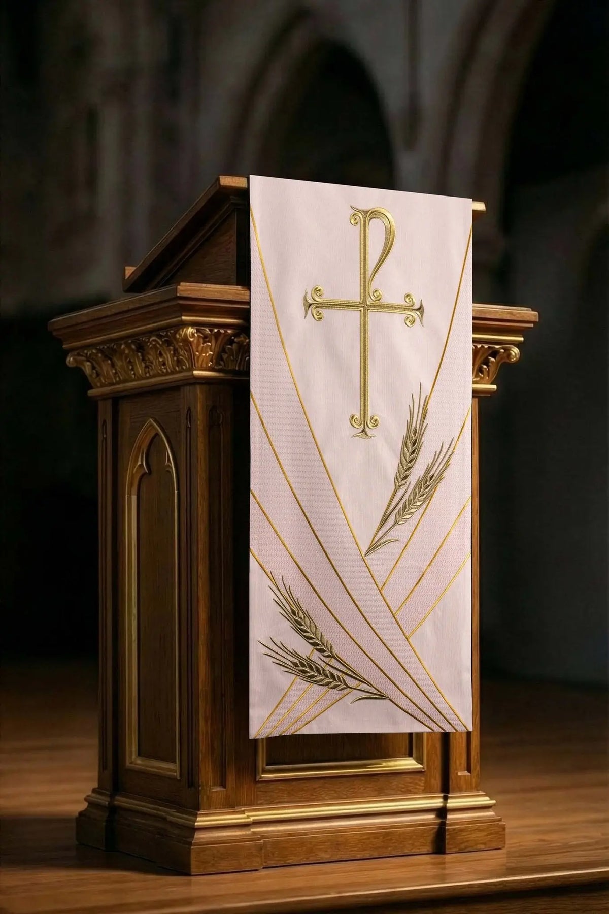 Rose voile de lutrin pour Gaudete et Laetare avec broderie PAX et épis de blé, vue de face