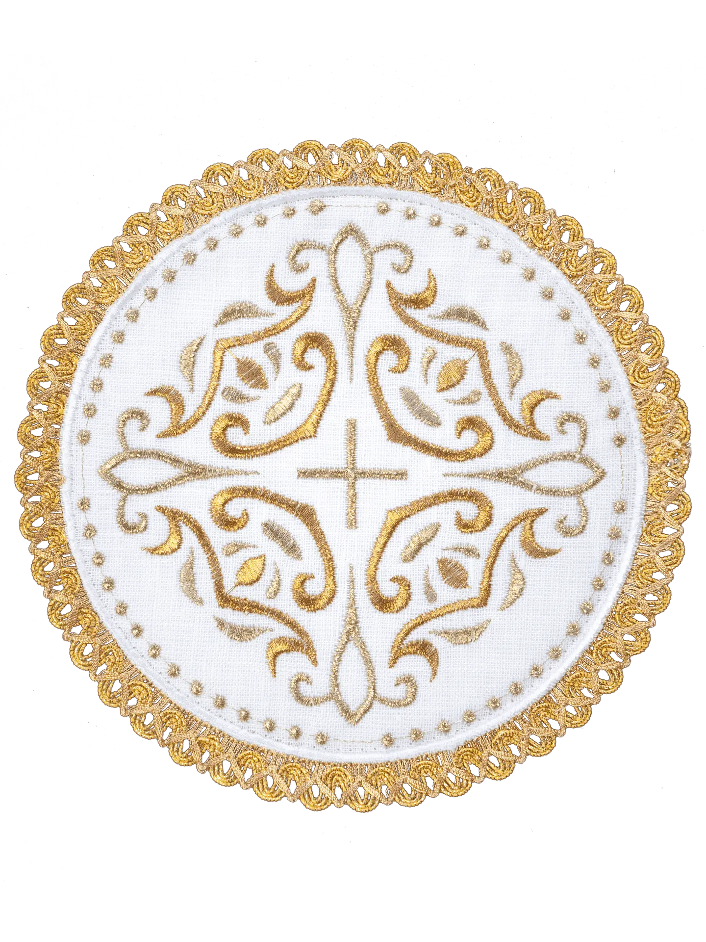 Linen cup set with a cross motif on a round palle surrounded by rich embroidery