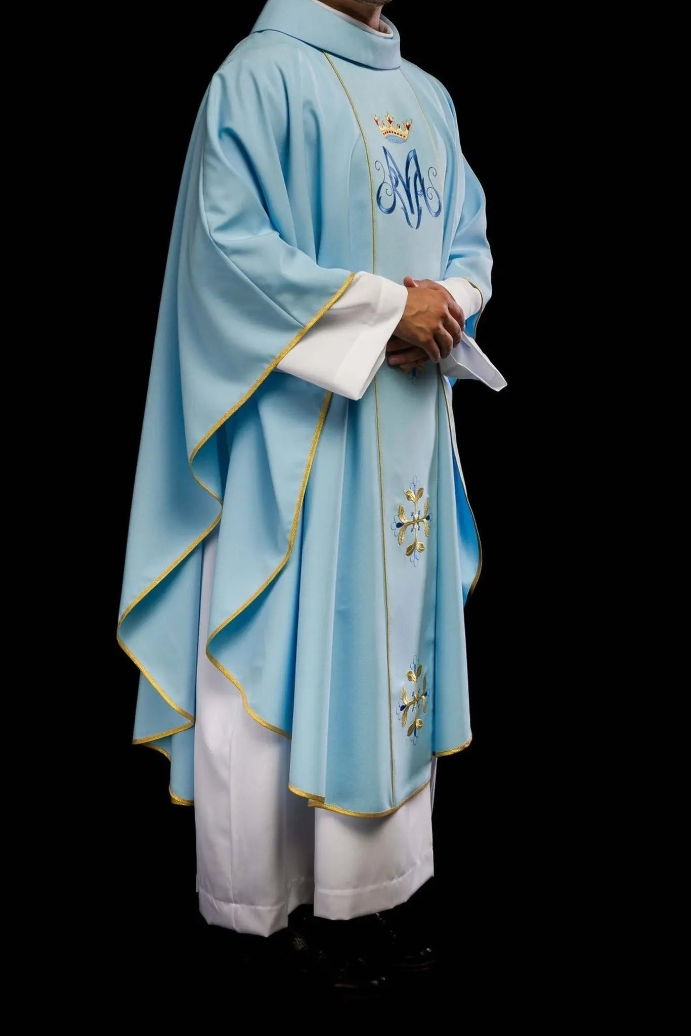 Blue Marian liturgical chasuble with belt